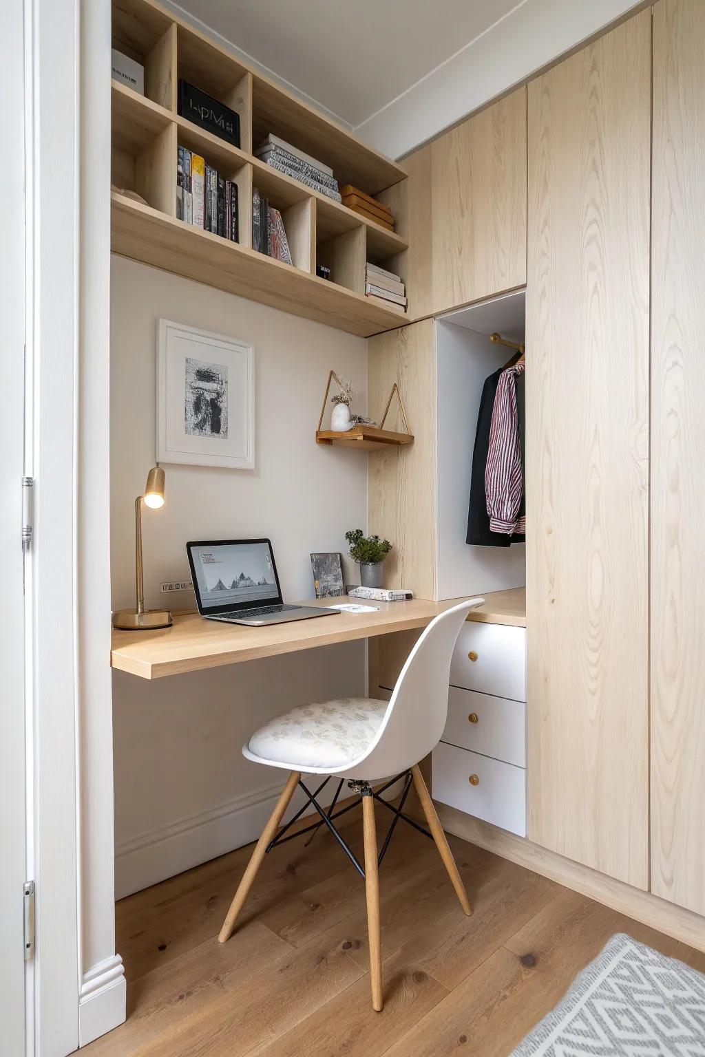 A floating corner desk turns a closet nook into a bright, minimal mini home office.