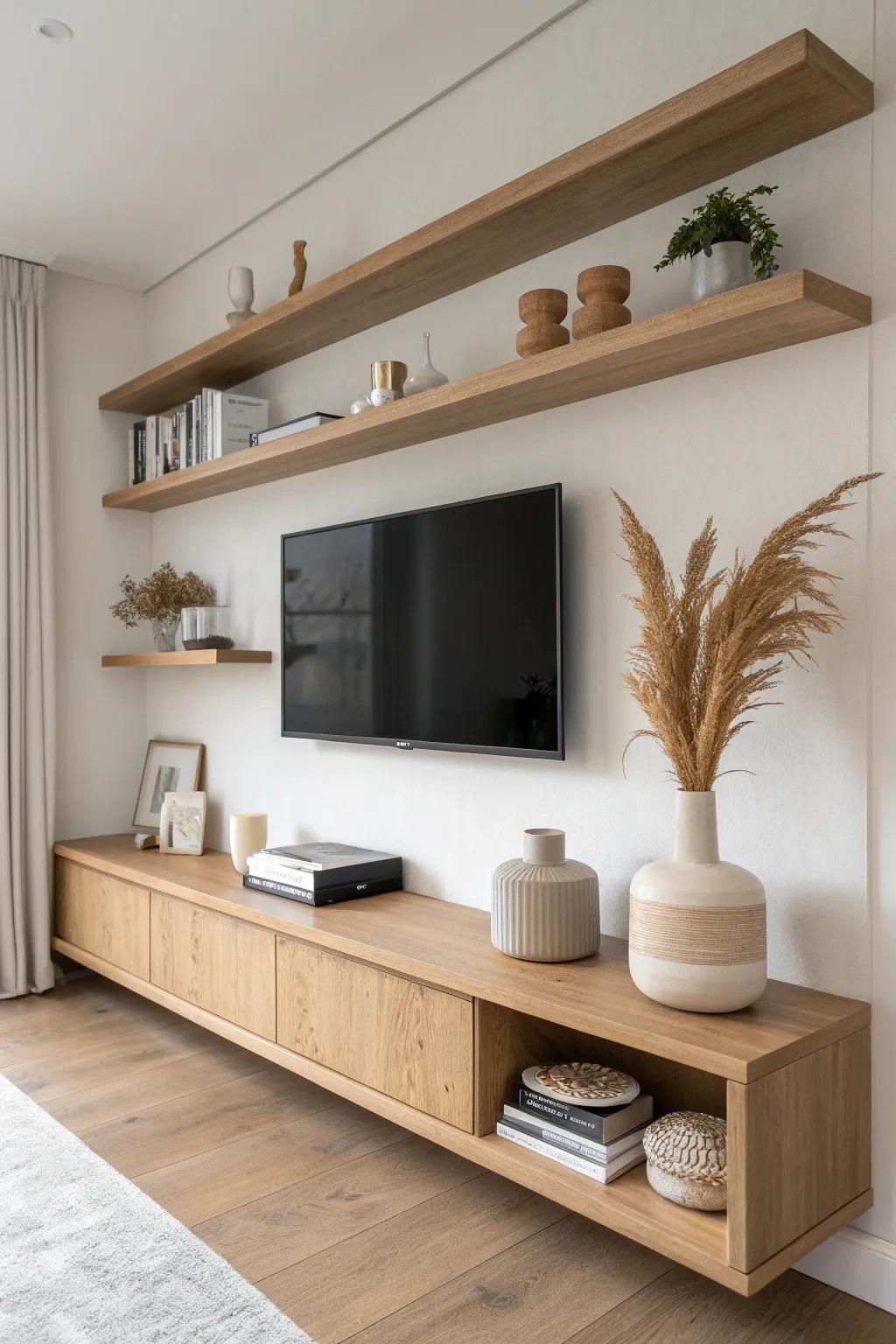 Asymmetrical floating oak shelves add designer balance around the TV—minimal, warm, and handmade.