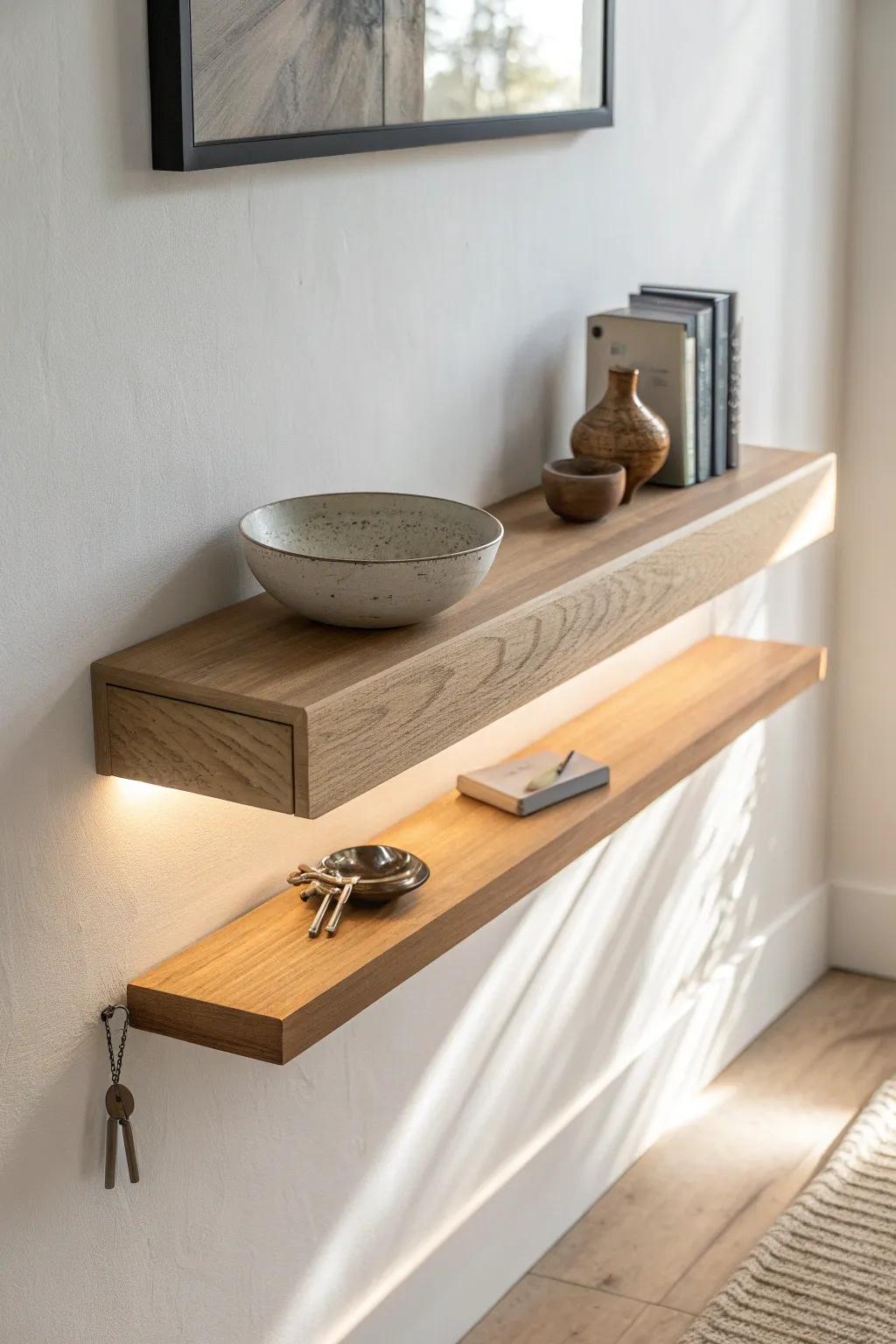 A floating entry shelf with motion-activated glow—simple, high-end lighting for keys and mail.