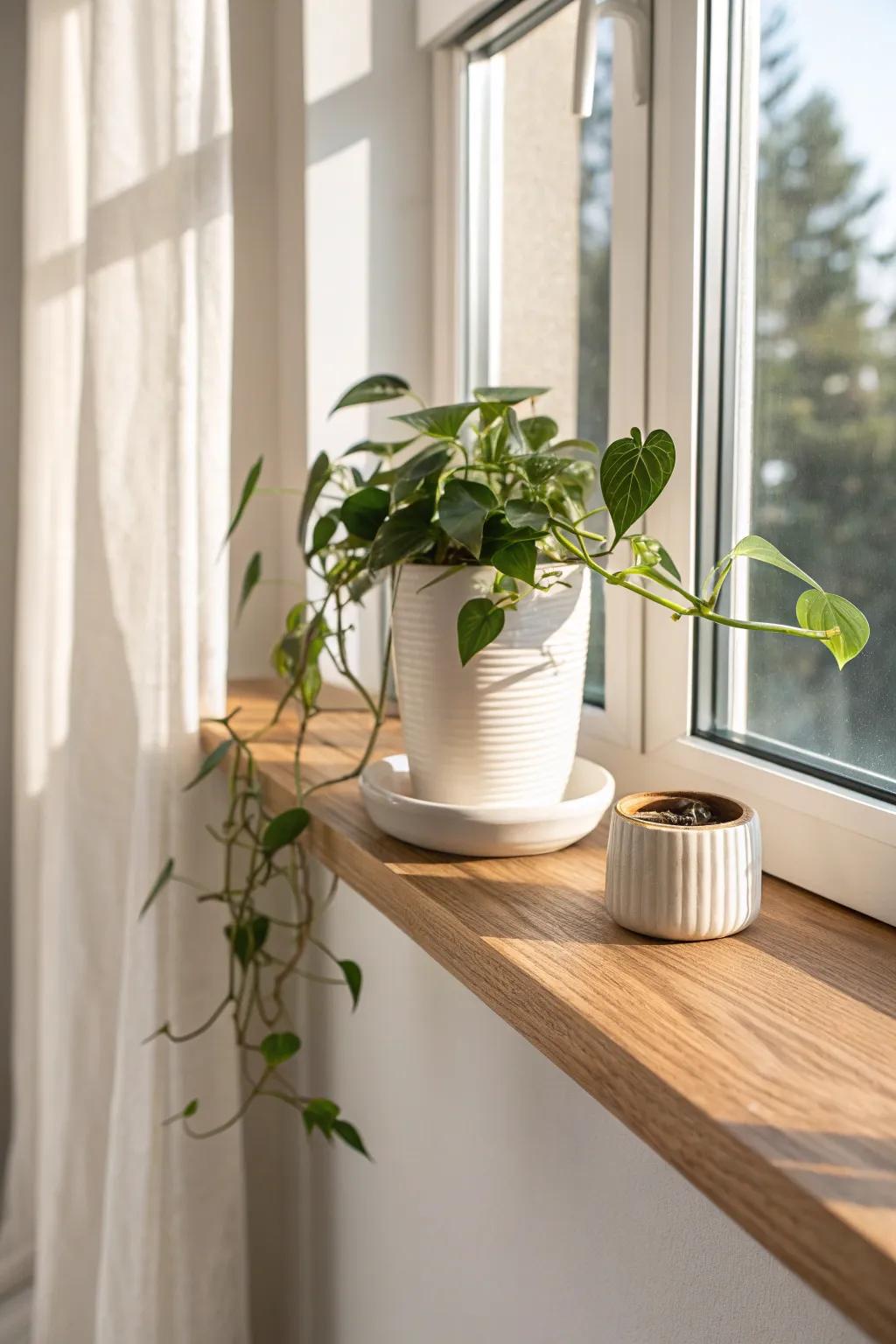 A sunlit floating shelf by the window—perfect for a trailing plant to soften a techy workspace.