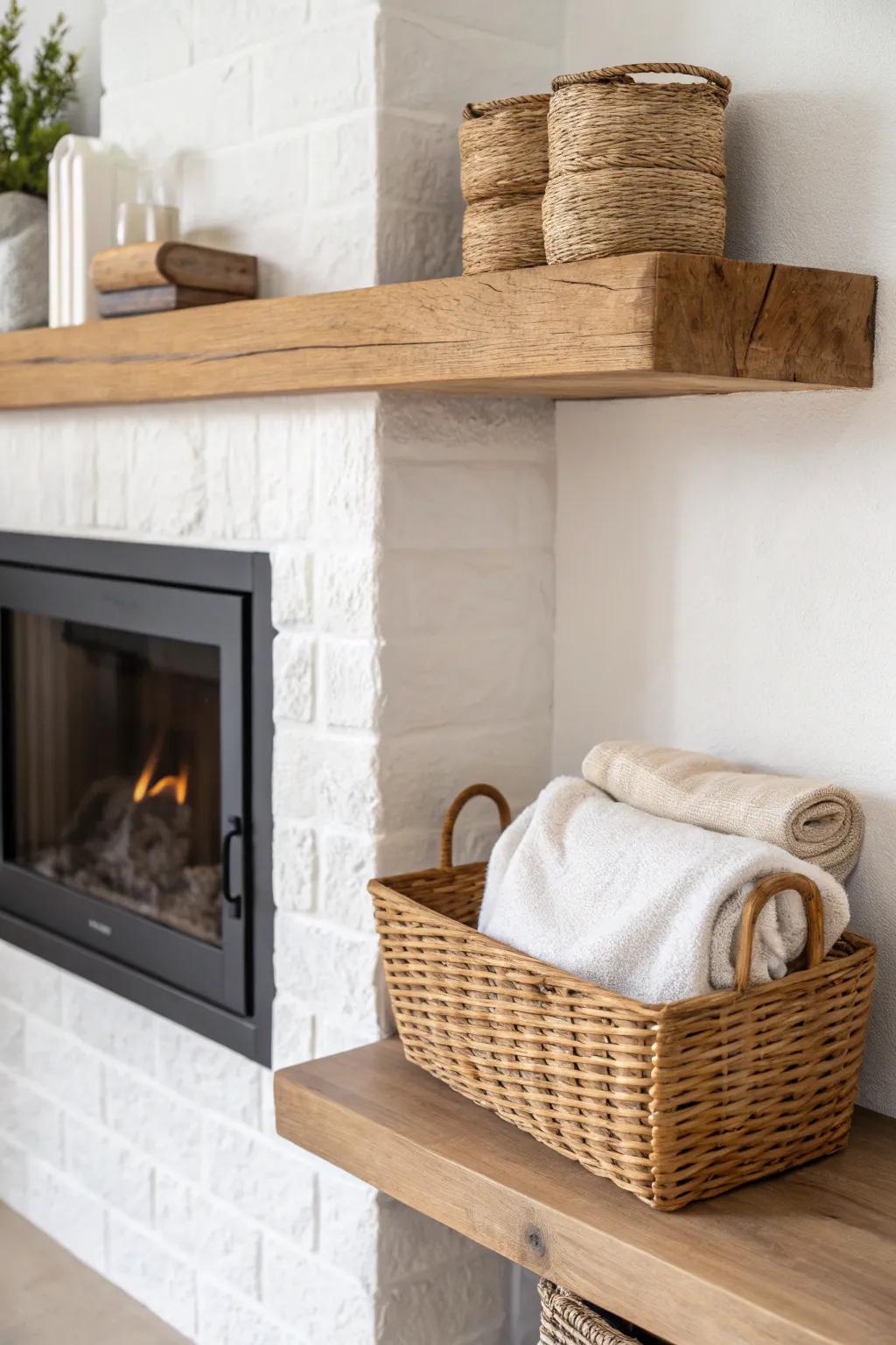 A low floating shelf by the fireplace leaves room for a basket of cozy throws and kindling.
