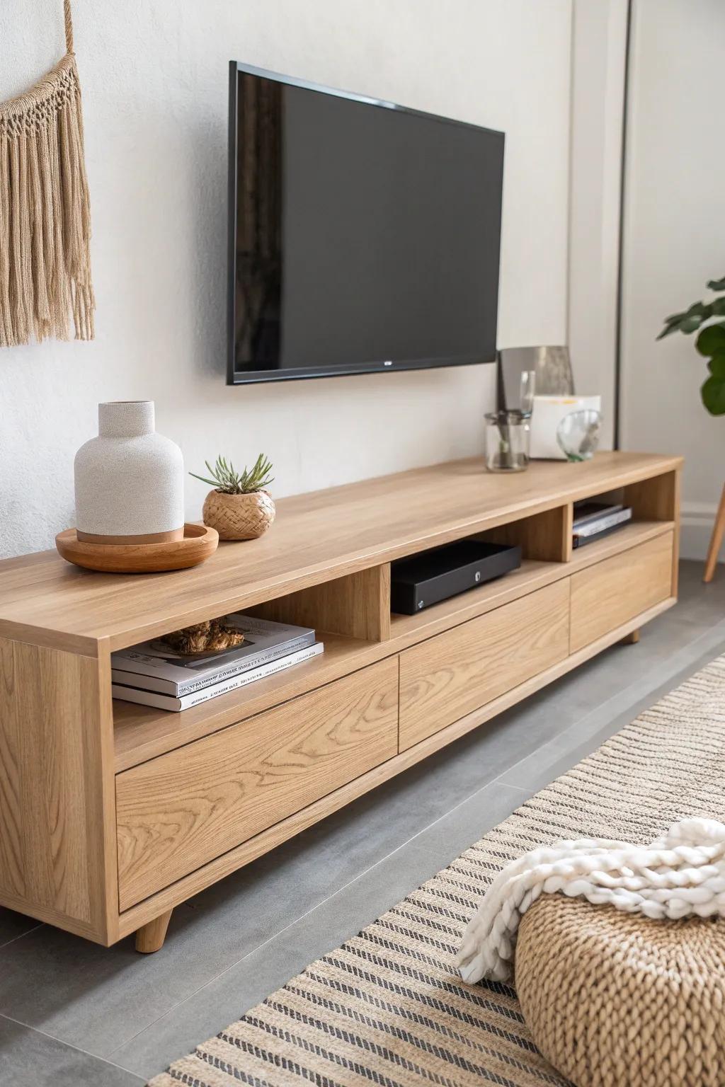 Floating oak TV stand with a built-in soundbar ledge—sleek, tidy, and effortlessly intentional.