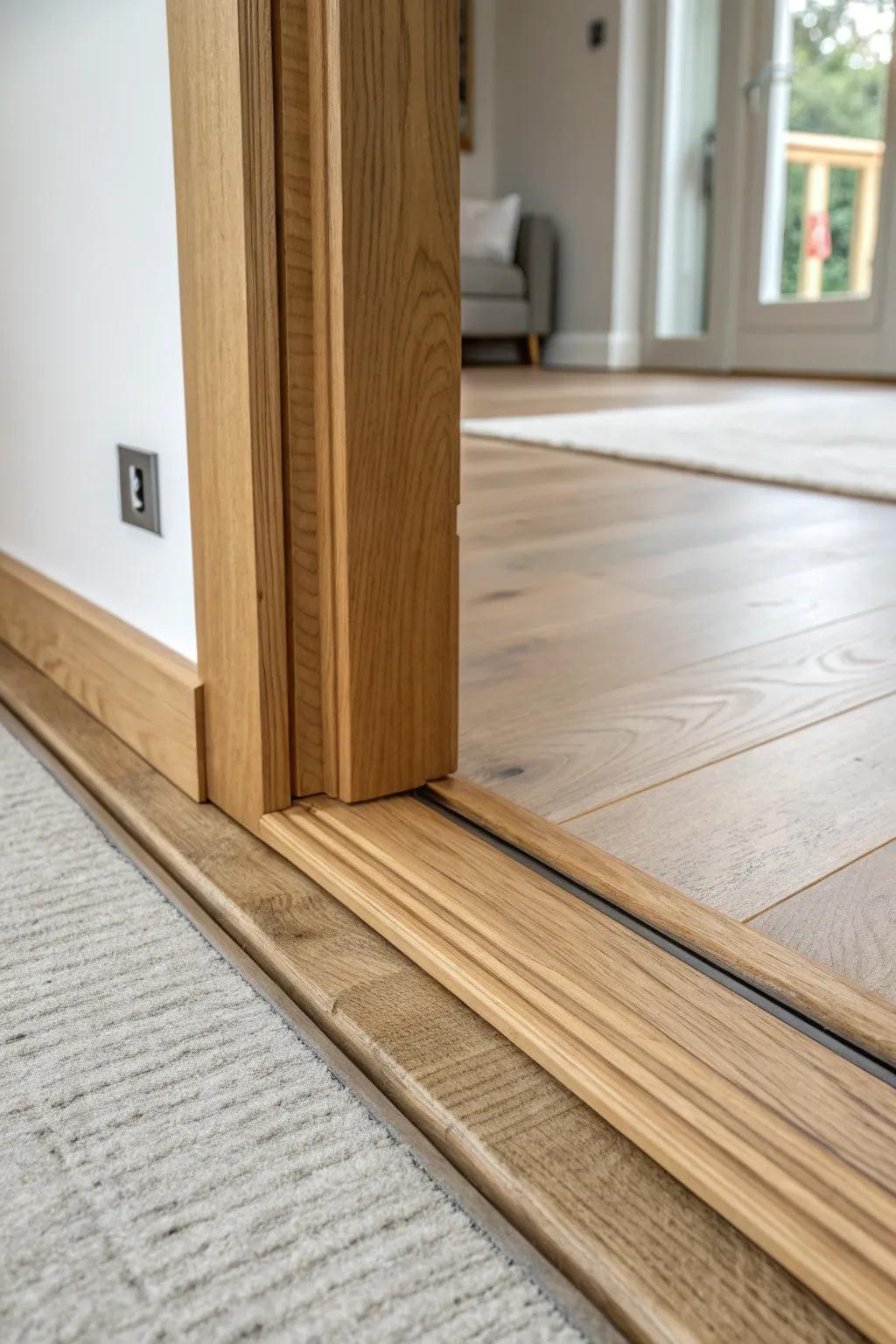 Extra-wide oak threshold that defines open zones—minimal, warm, and beautifully crafted.