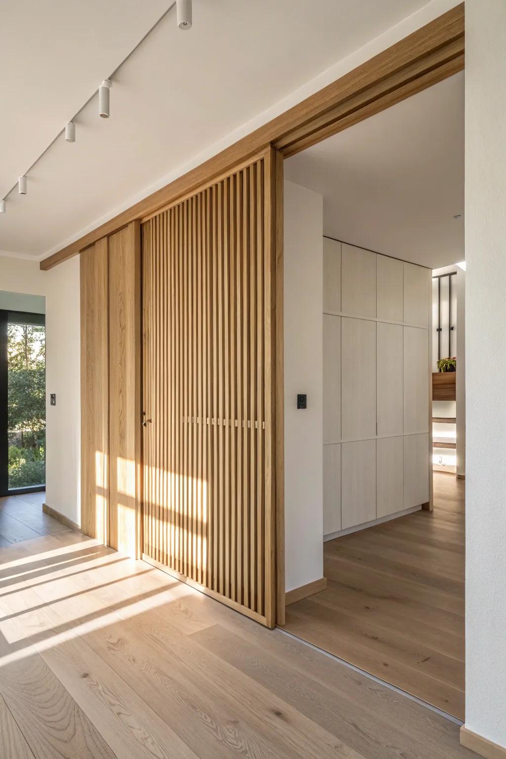Pocket-style sliding wood screen—glides out to divide, disappears to restore open space.