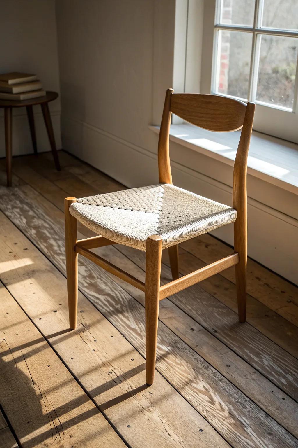 Mixed-width reclaimed planks add rustic rhythm and warmth—perfect under vintage dining chairs.