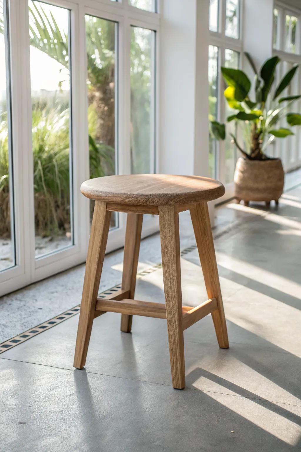 Driftwood-stained concrete + a handmade oak stool: an airy Florida room floor that flows outdoors.