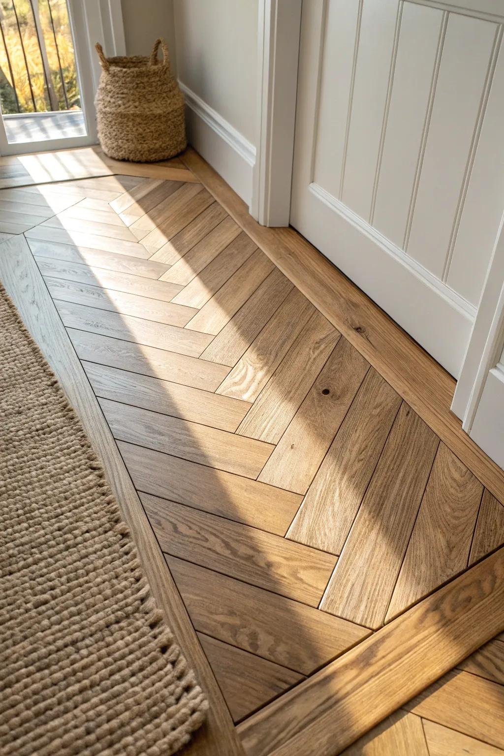 Diagonal oak planks add instant width and movement—an elegant trick for narrow foyers.