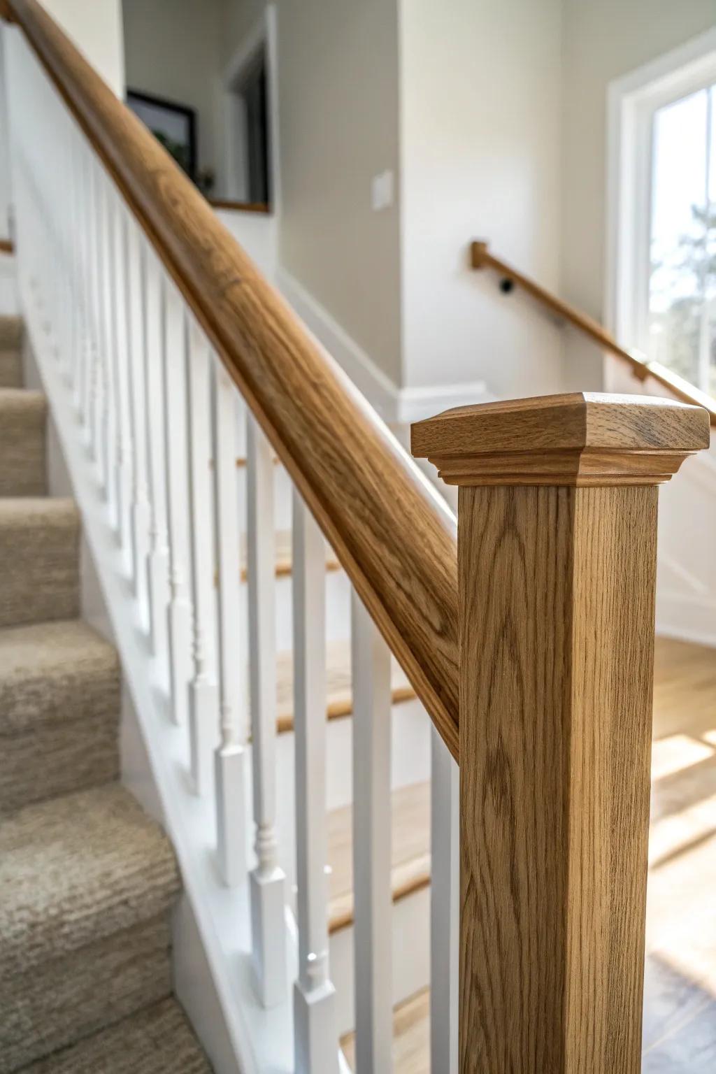 Warm wood handrail against bright foyer trim—simple contrast that adds depth without clutter.