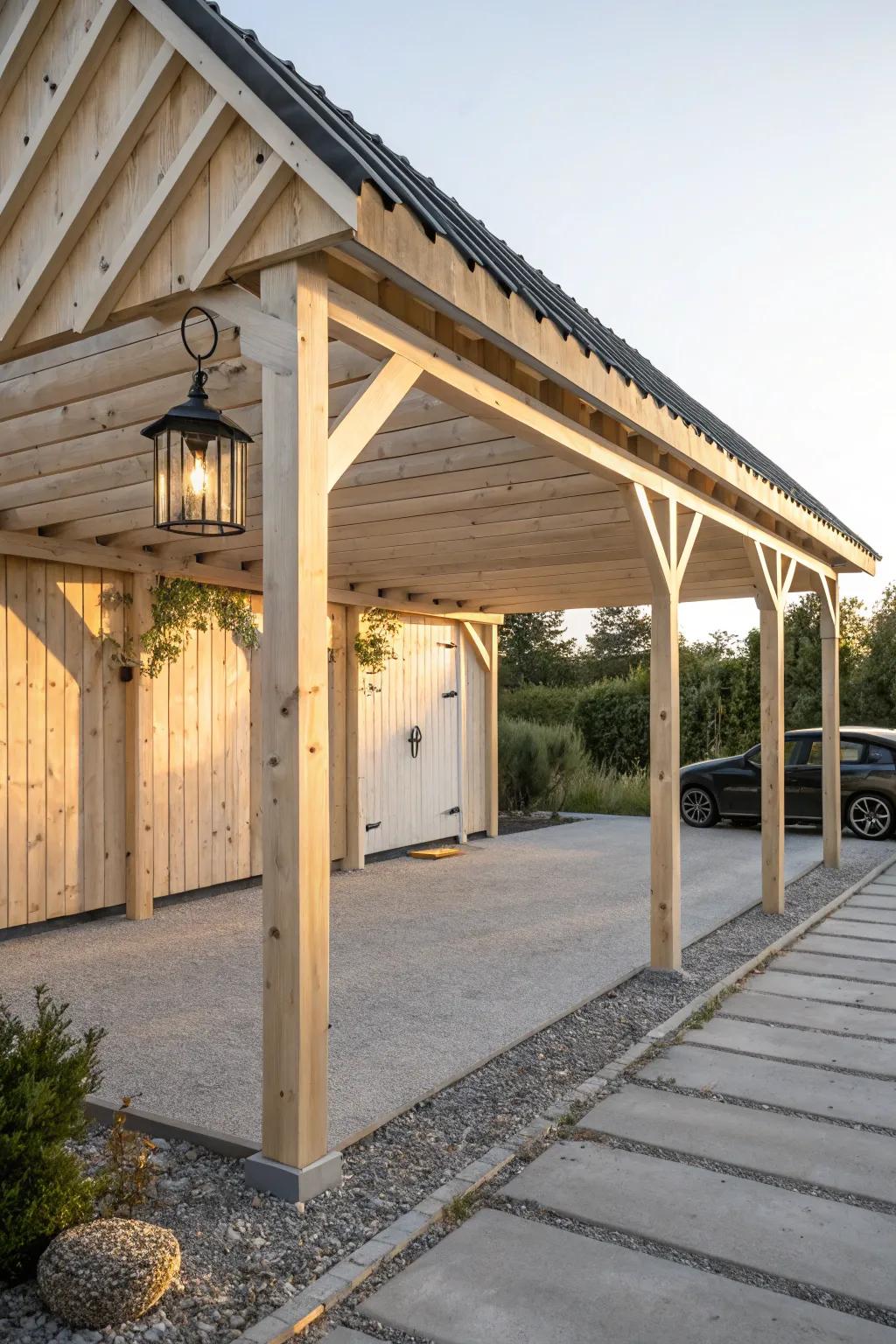 Pergola-style carport: clean pine beams, bold shadow lines, and a sleek metal roof.