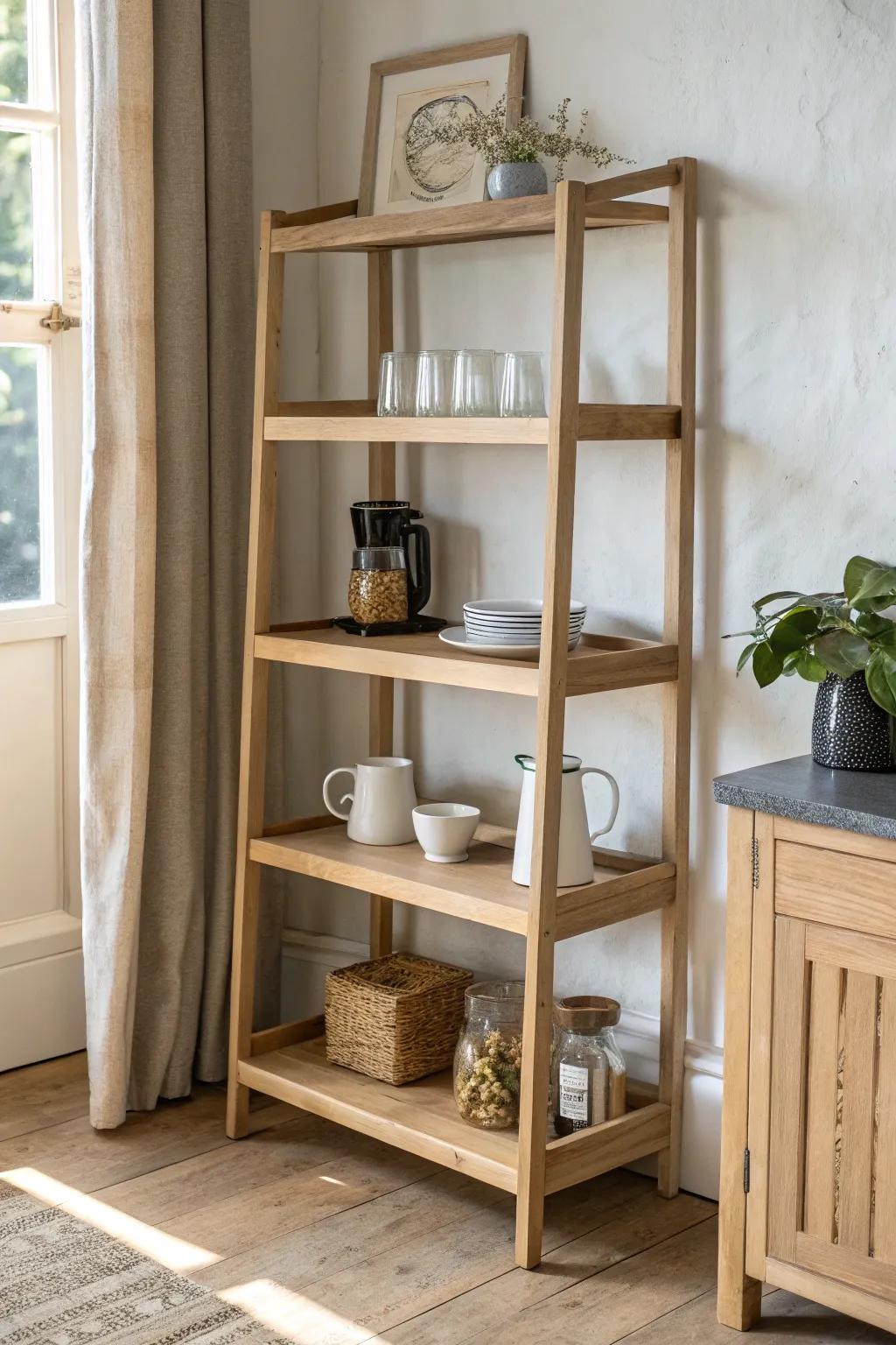 Baker’s rack kitchen shelf with a thick counter tier—minimal, warm oak, and coffee-ready.