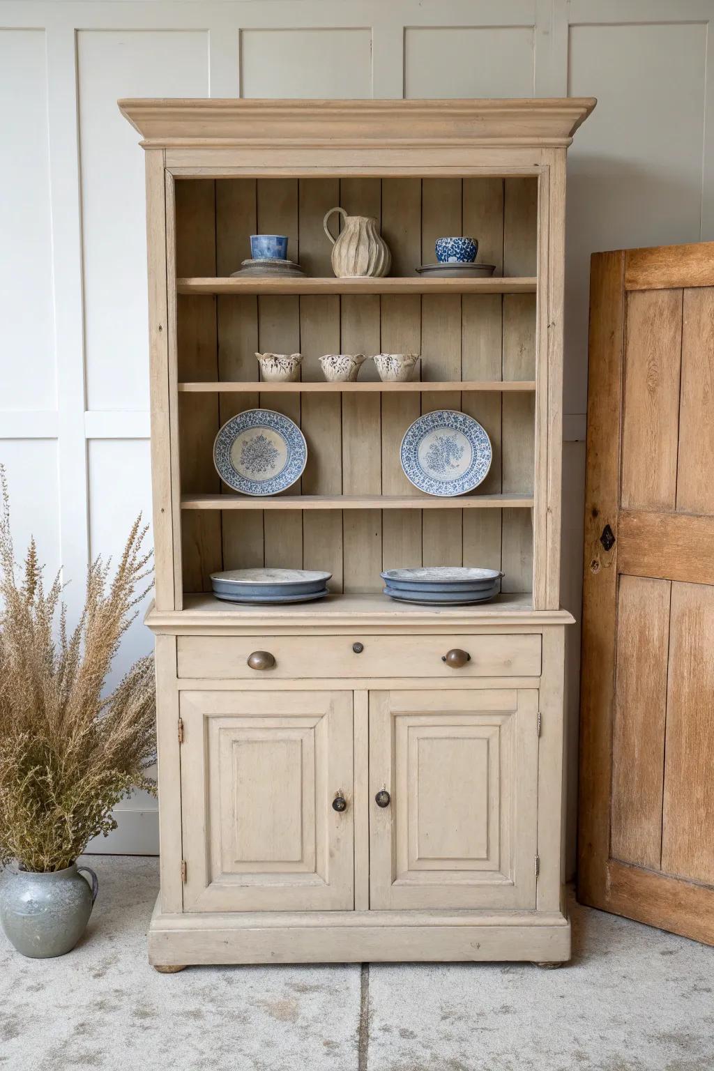 Warm neutral painted hutch with beadboard back and airy blue-and-white dish display.