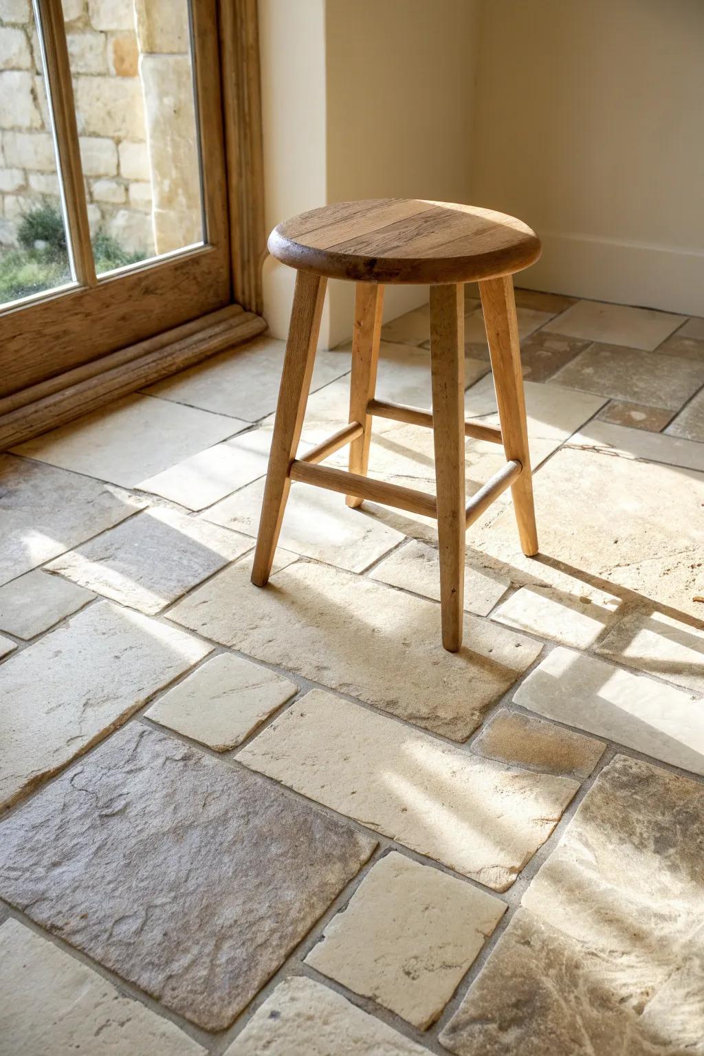 Tumbled limestone with soft variation—paired with a simple wood stool for French country calm.