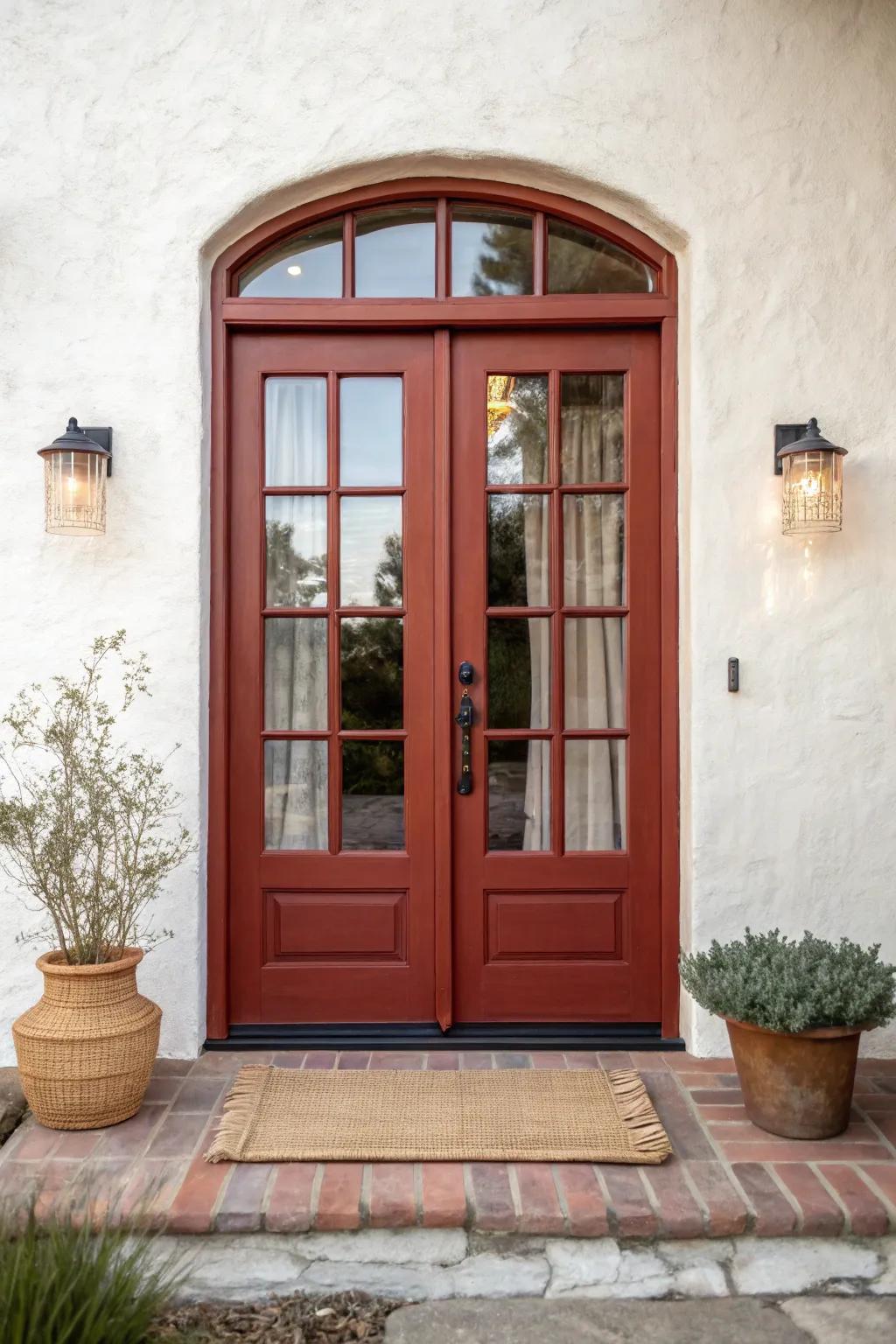 Classic brick-red French doors with matte black hardware—an instant, timeless patio statement.