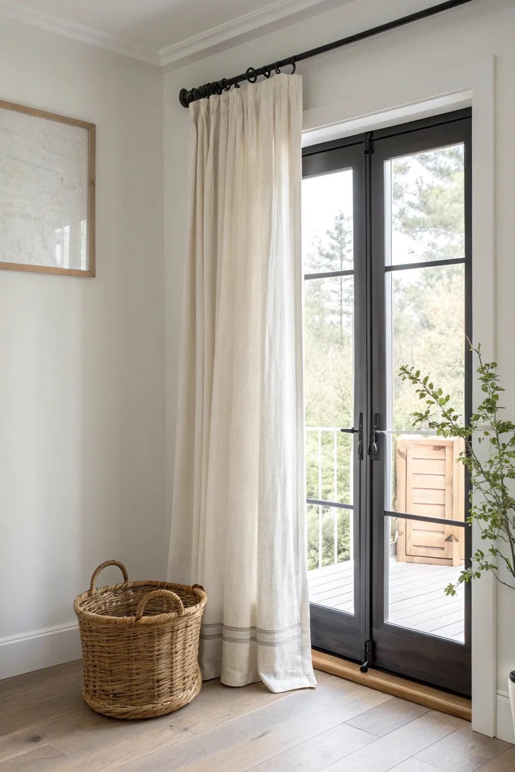No-drill magnetic rod + airy linen curtain—instant privacy for metal French doors, renter-friendly.