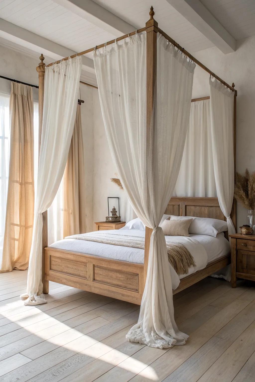 Handcrafted oak bed framed by airy linen curtains for effortless French provincial romance.