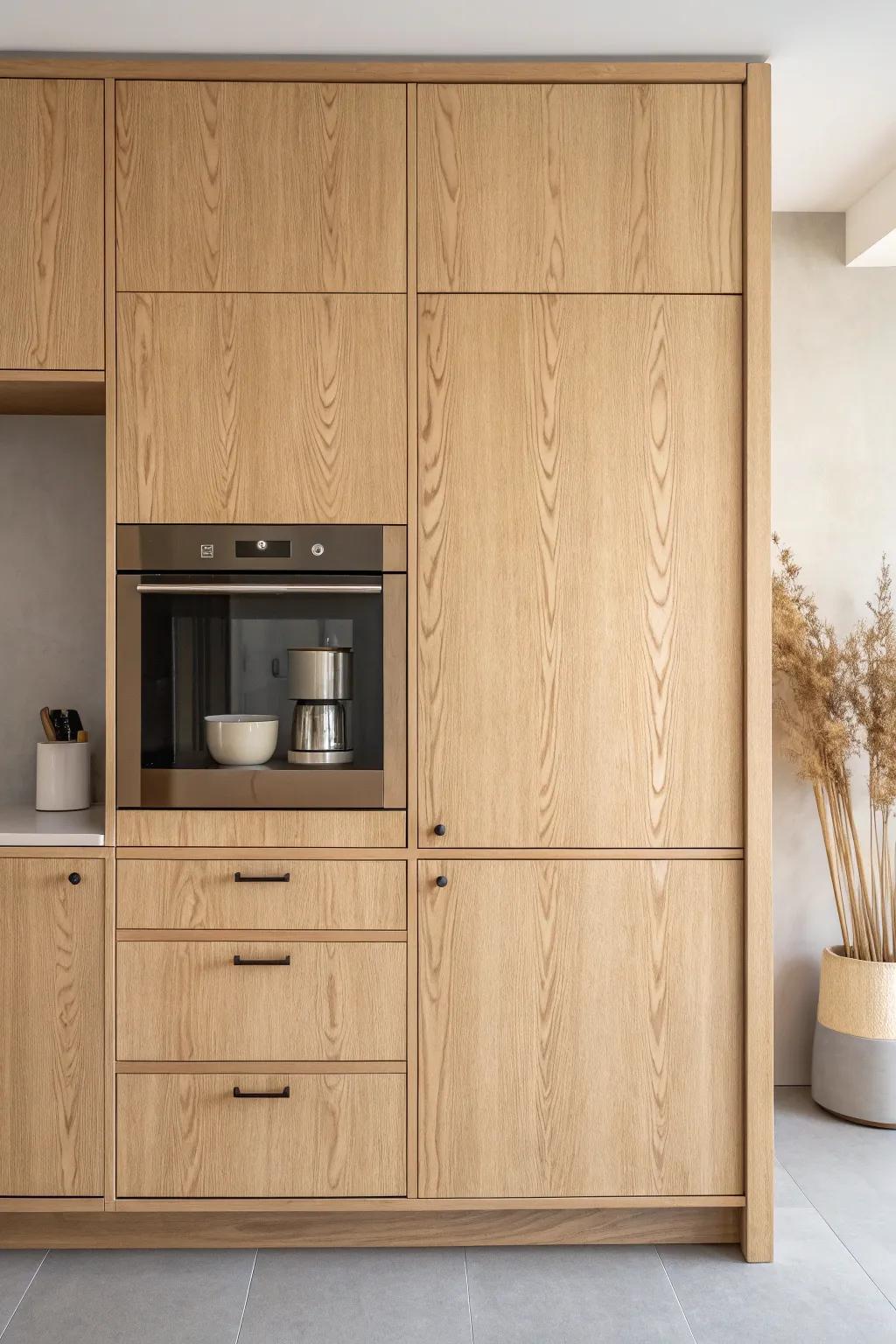 A hidden coffee & snack niche in full-wall cabinets—clean counters, warm oak, pure calm.