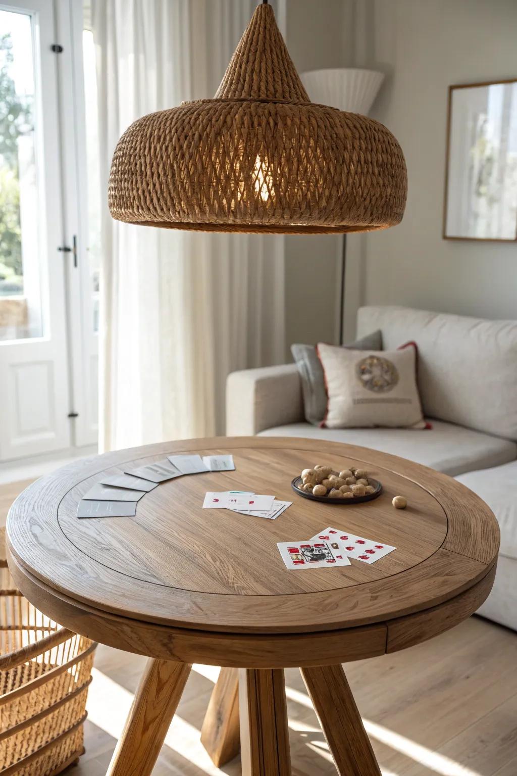A warm statement pendant makes the living room game table feel intentional—and easier to play.