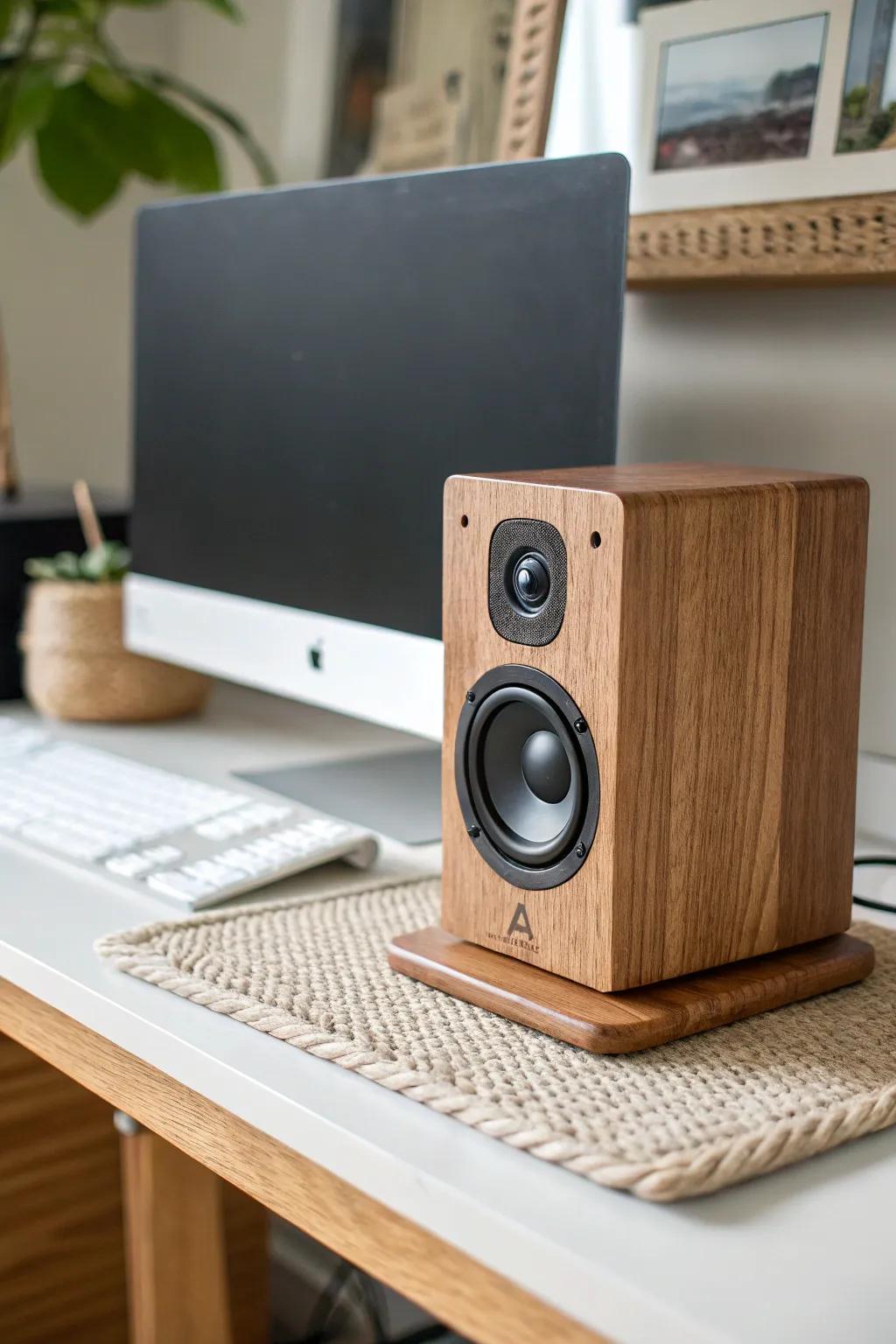 Matching wood speaker stand for a tidy, symmetrical gaming desk—simple, warm, and handmade.