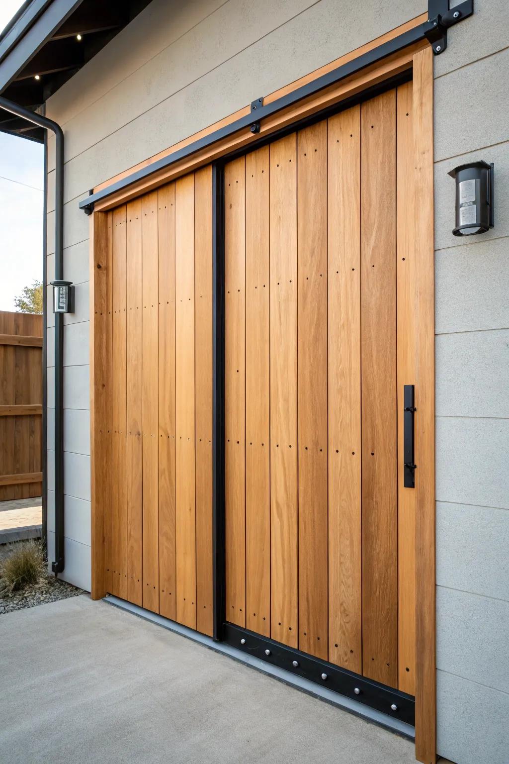 Rustic oak panels meet a sleek black steel frame for a durable, industrial-chic barn door.