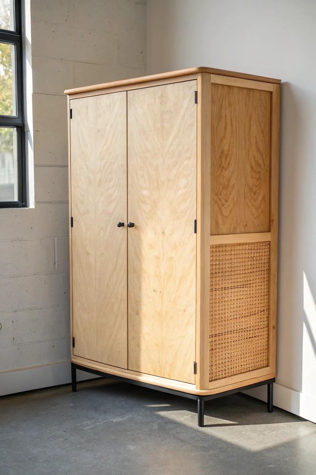 A space-saving corner garage cabinet in pale birch—clean lines, smart angles, zero wasted space.