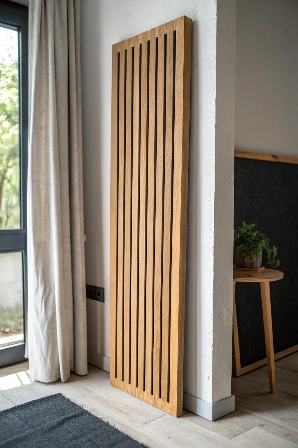 A wood slat acoustic panel plus soft textiles makes a garage rec room quieter and cozier.