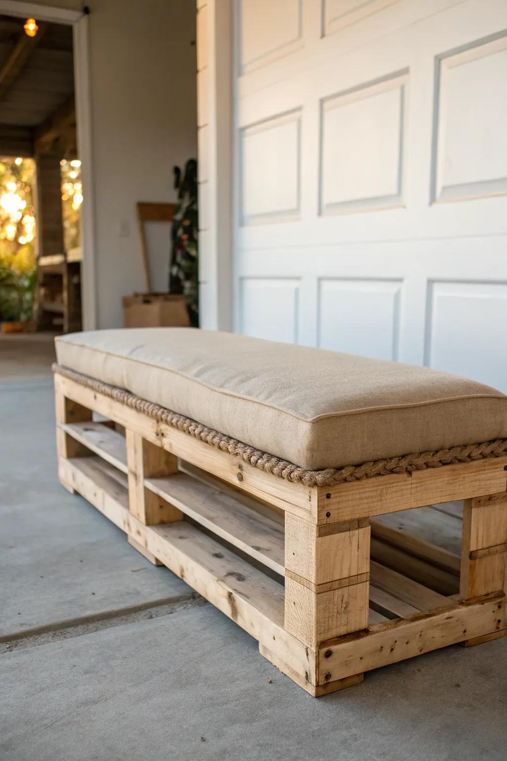 Rustic pallet bench, sanded silky-smooth and topped with a thick linen cushion for cozy garage seating.