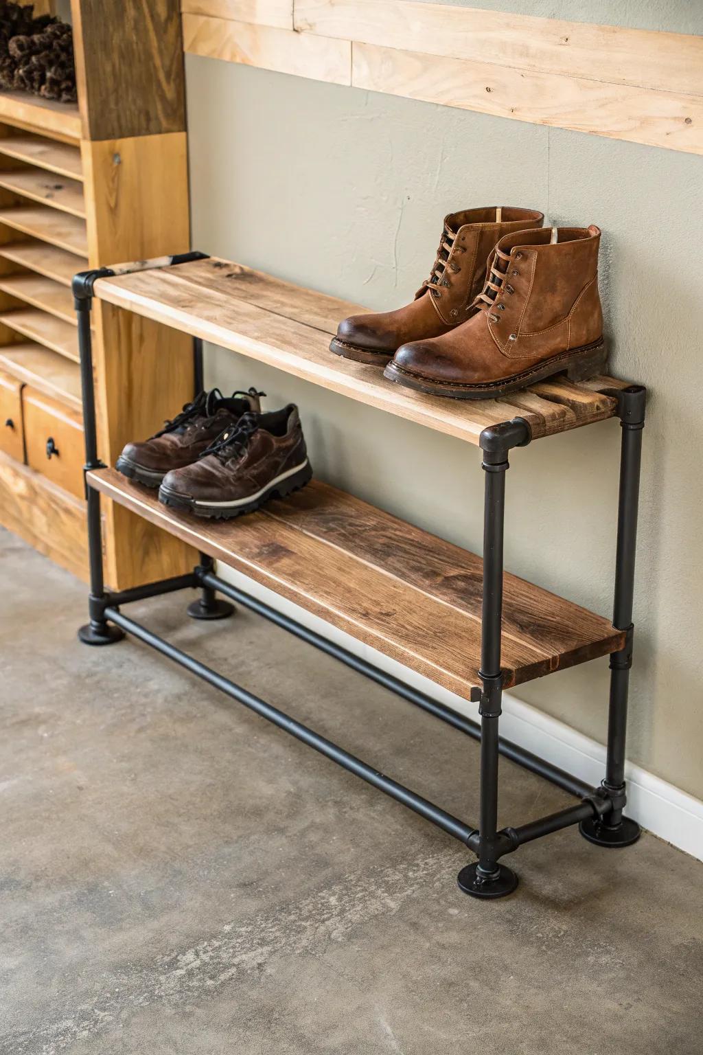 Rugged meets refined: a pipe-and-wood rack that holds heavy boots with minimalist style.
