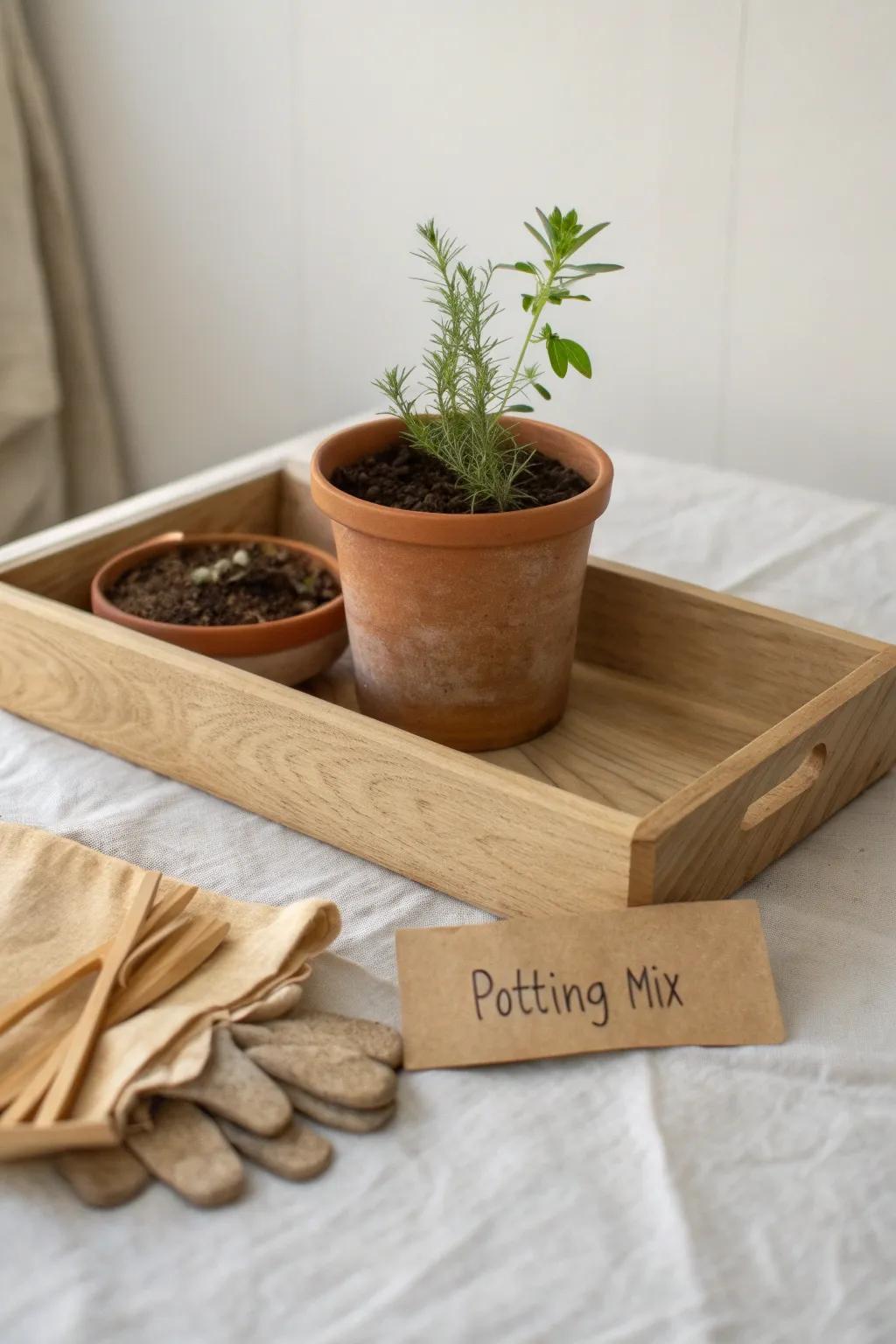 A charming plant-lover potting tray—handmade stakes, gloves, pot, and mix in warm oak.