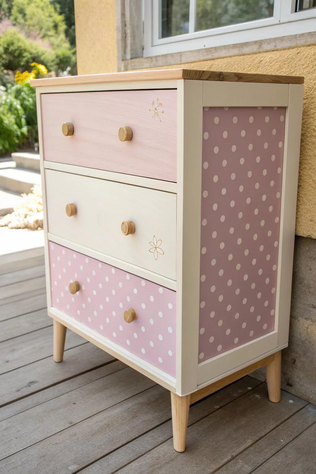 Tonal pastel polka dots give this girl’s dresser a sweet, playful look—imperfect and charming.