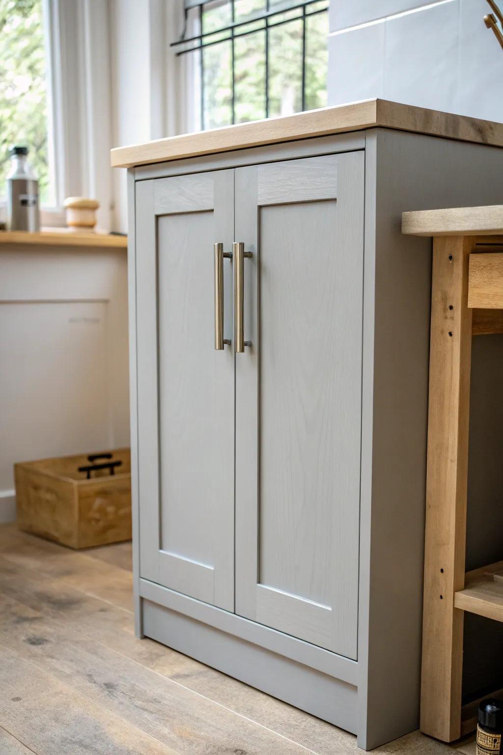 Brushed metal pulls add a clean, modern sparkle to soft gray cabinets—simple and chic.