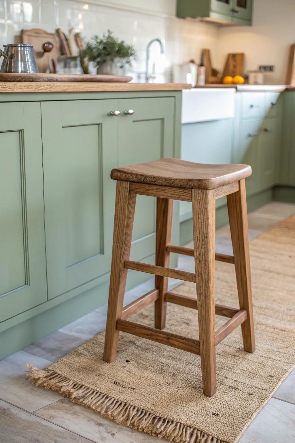 Warm brown wood stool on a jute runner—softly grounding sage-green cabinetry with earthy calm.