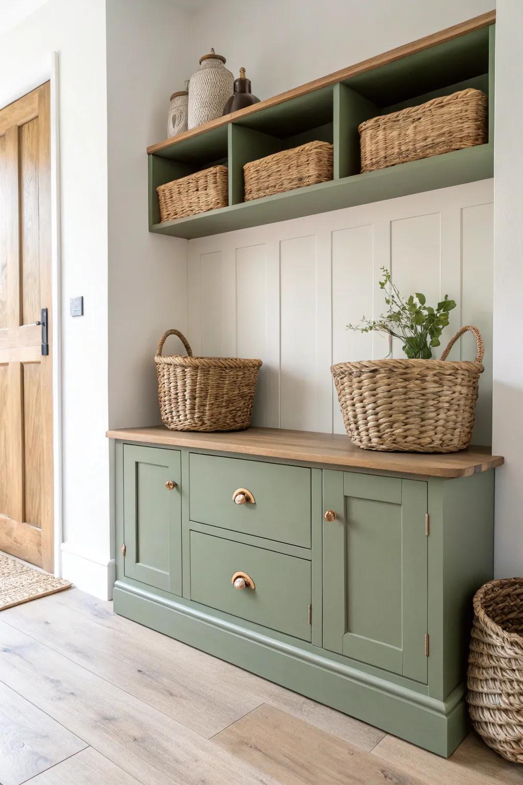 Sage-green lower cabinets paired with chunky oak open shelves for a calm, airy mudroom.