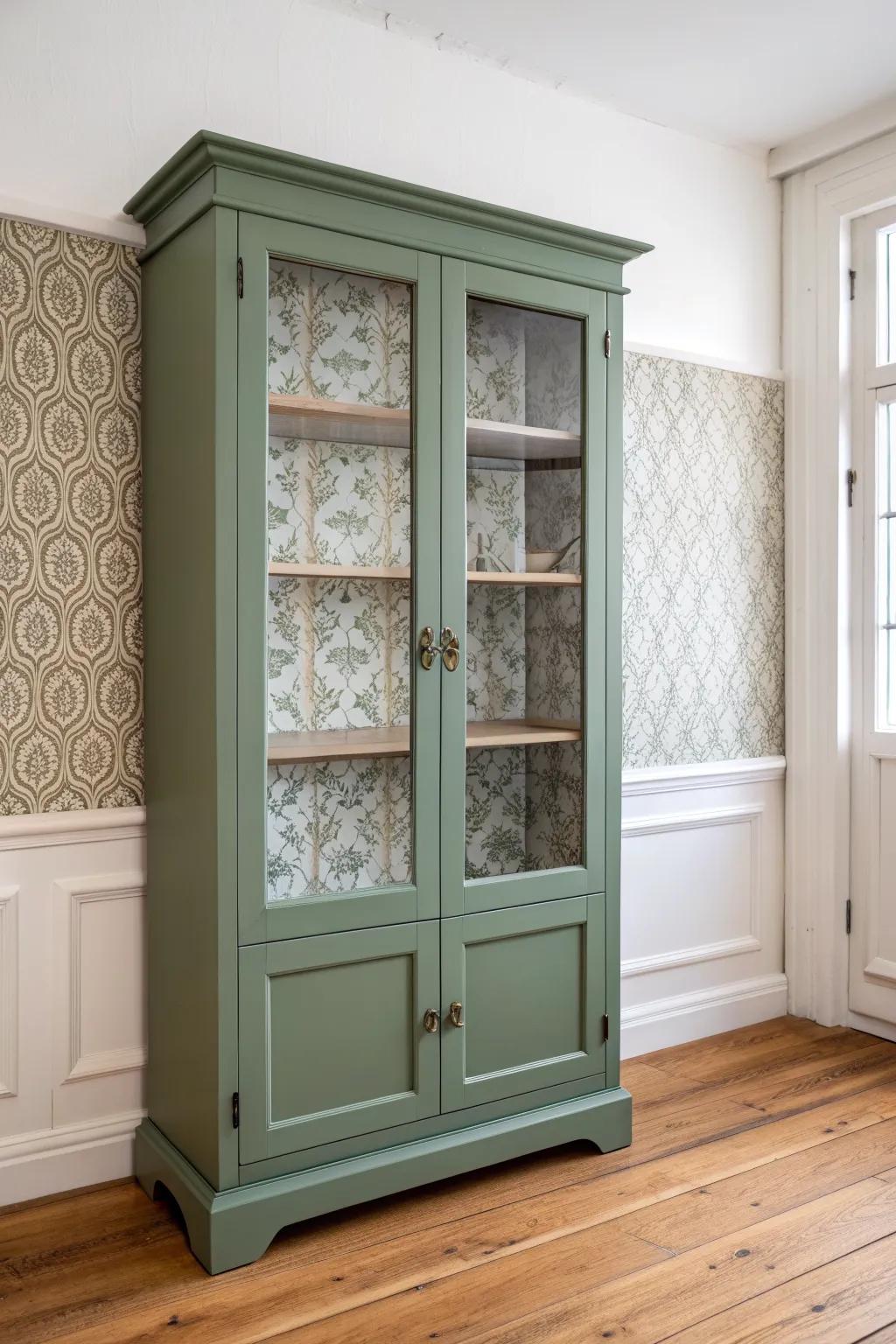 Sage green cabinet with glass doors and a wallpapered interior—simple, cozy, beautifully crafted.