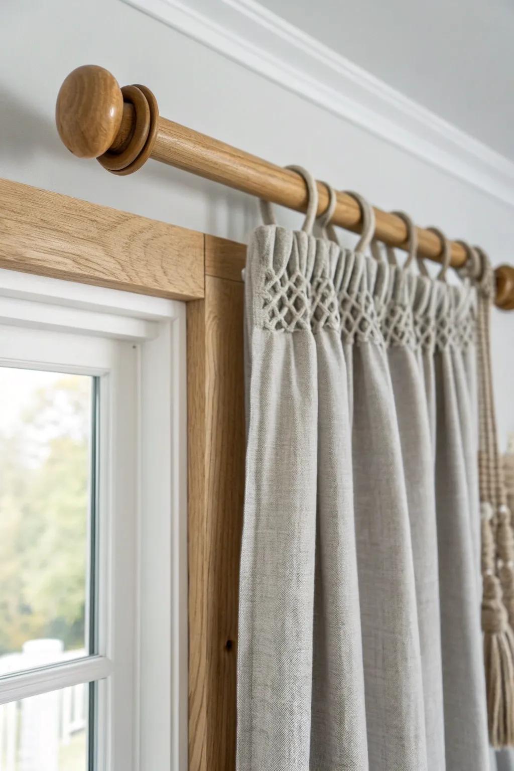 Grey linen curtains on an oak rod—simple switch, instantly warmer bedroom tones.