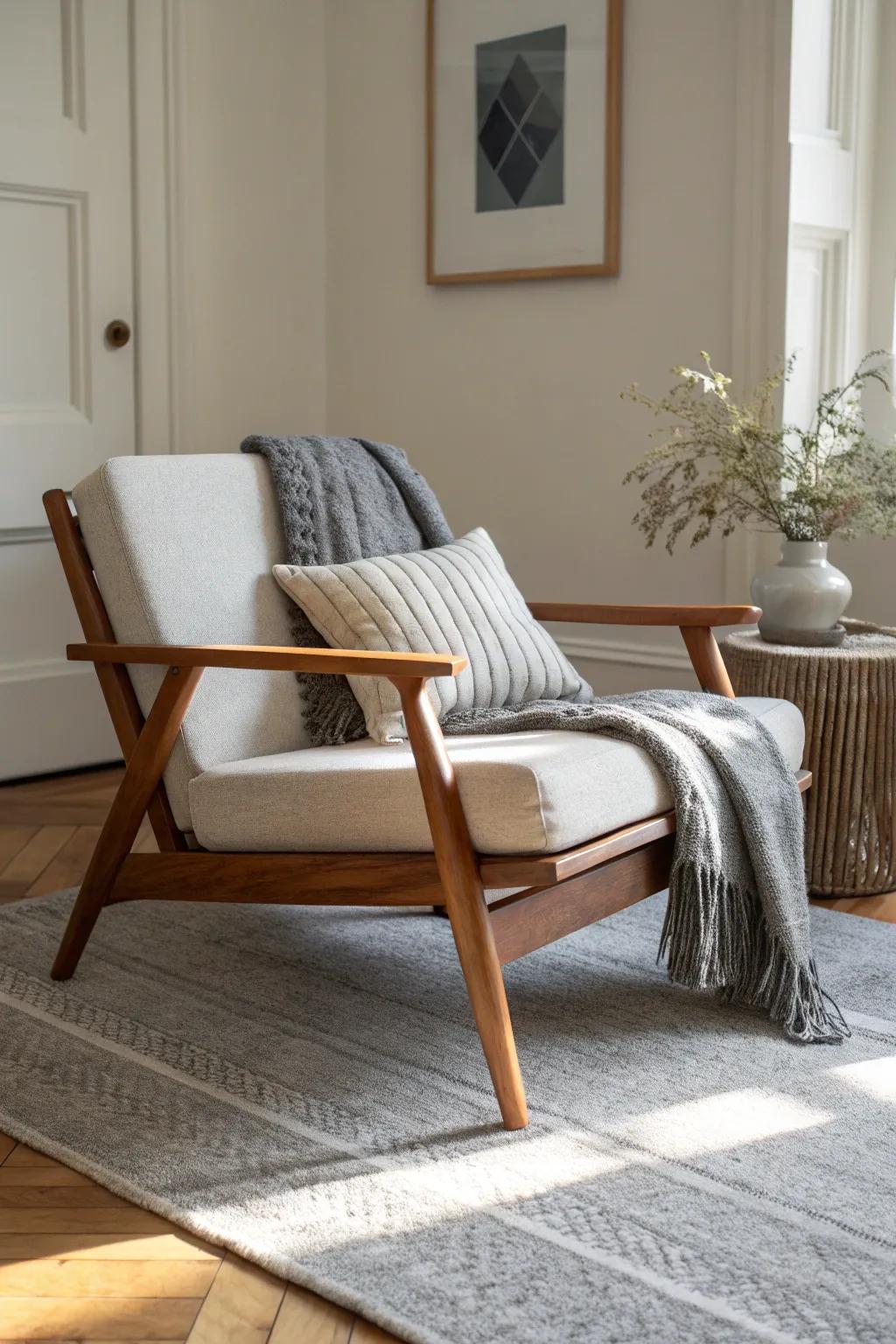 Layered grey textiles unify oak, walnut, and reclaimed pine for a calm, cozy living room.