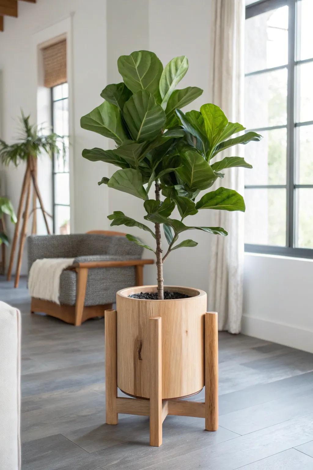 Oversized green plant in a handmade oak stand brings life to cool gray living-room floors.