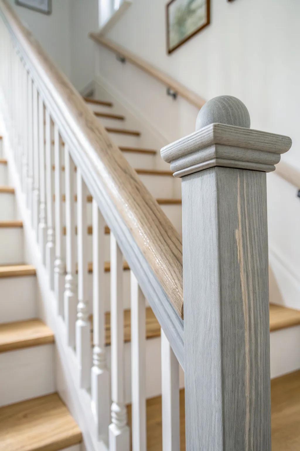 Matte gray banister paint keeps fingerprints invisible and the staircase effortlessly chic.