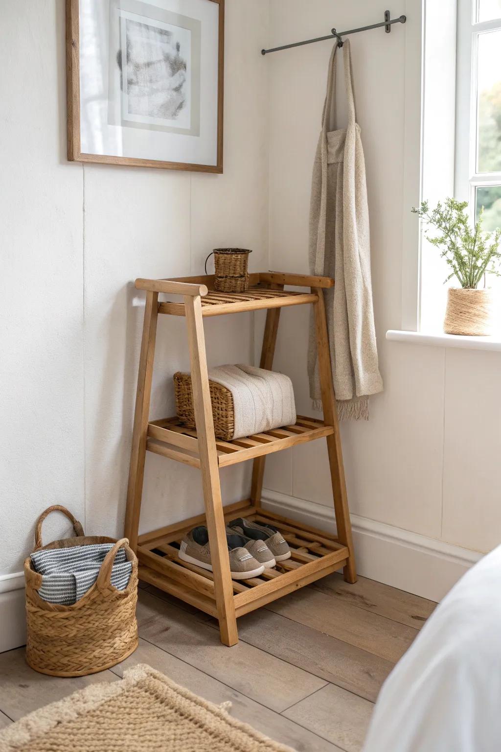 A tidy corner luggage rack with hook rail keeps your guest’s unpacking zone beautifully contained.