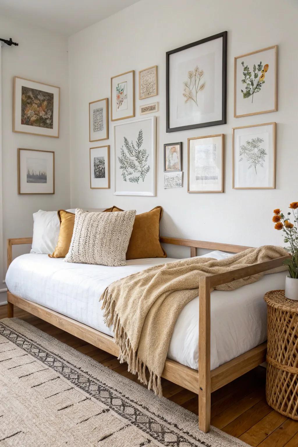 Align the frame bottoms for a crisp gallery wall that makes a simple daybed feel styled.