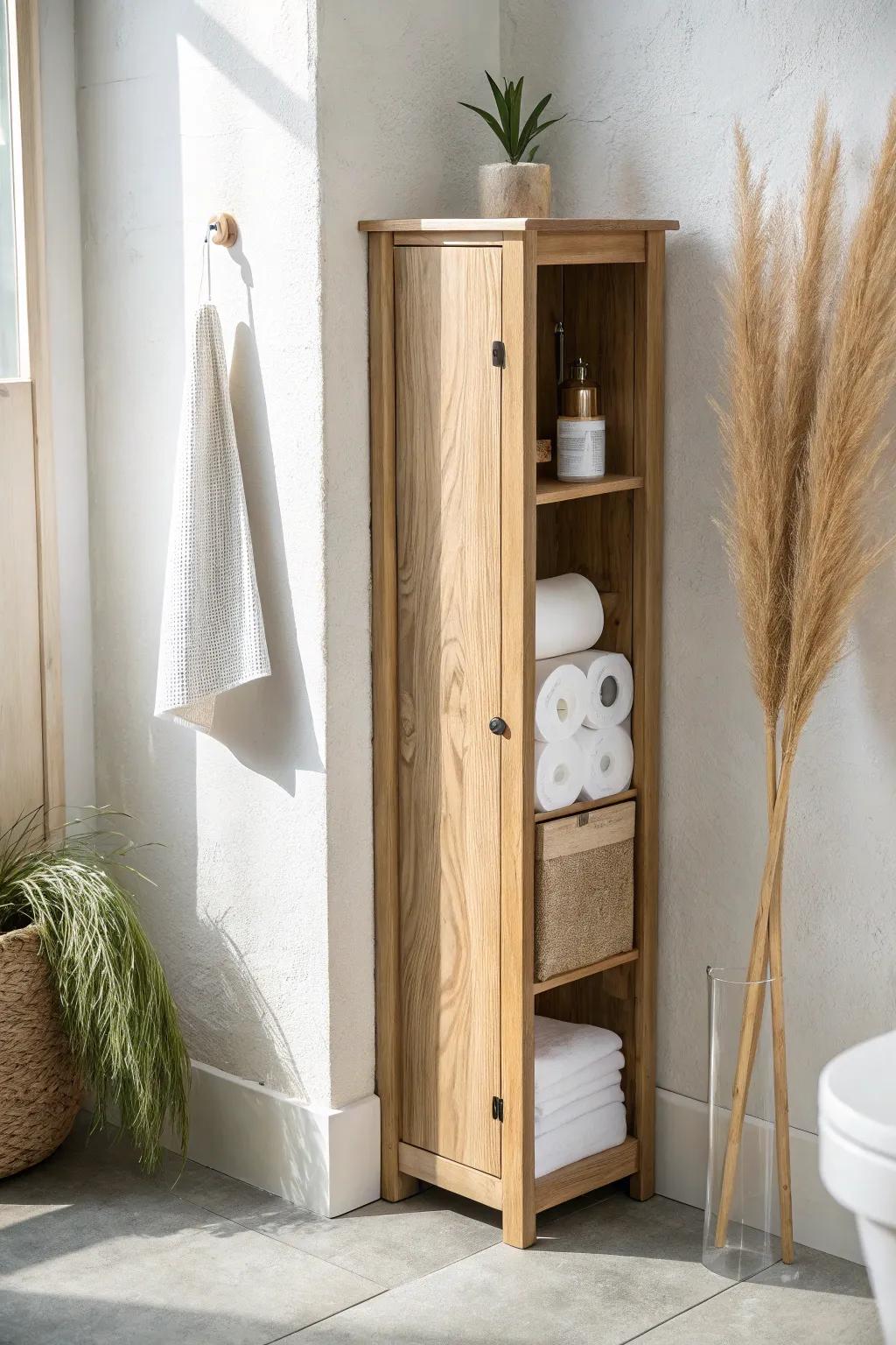 Slim oak cabinet beside the toilet—hidden storage that keeps a tiny half bath calm and tidy.