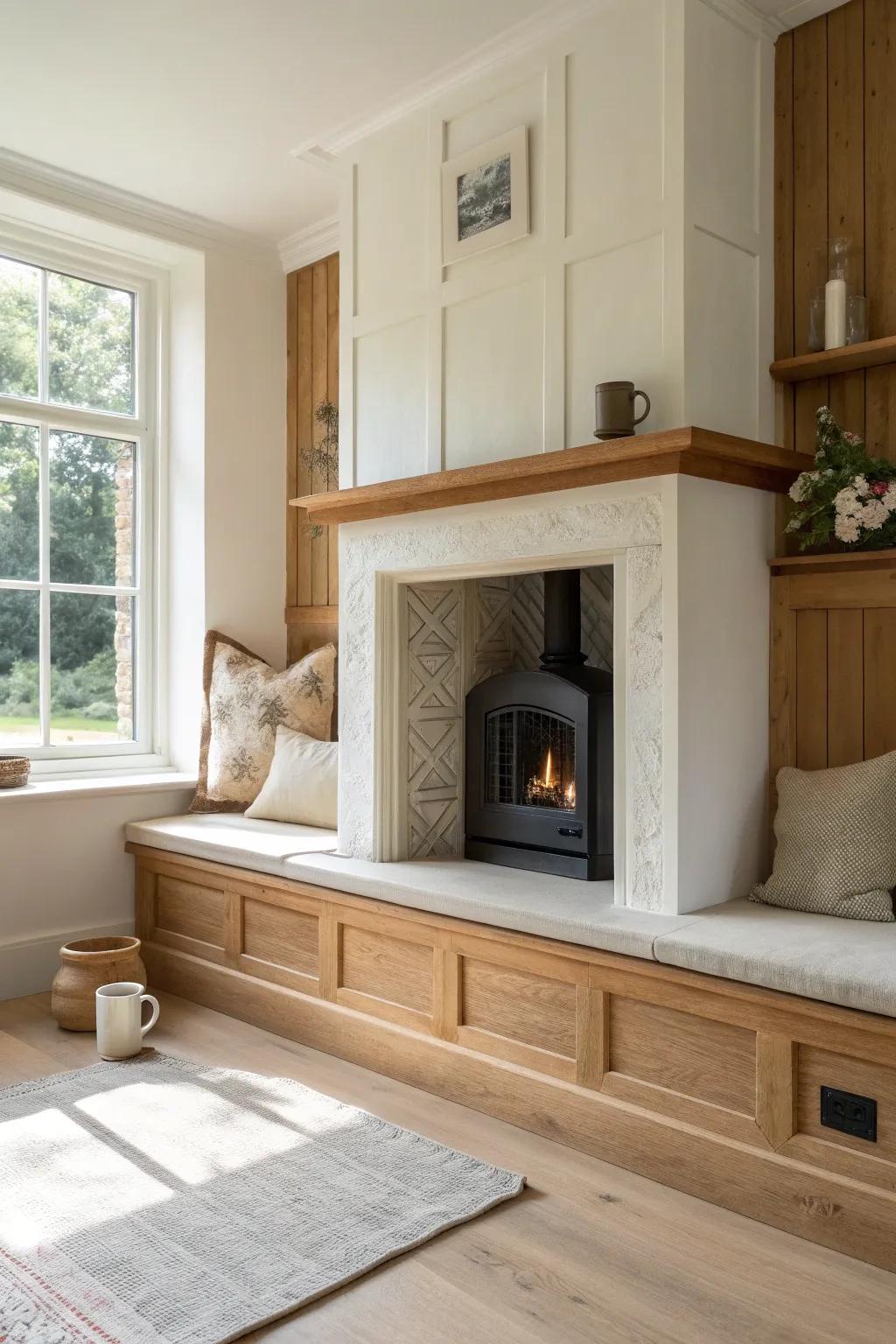 A raised hearth bench on a half wall adds cozy seating and showcases warm wood craftsmanship.