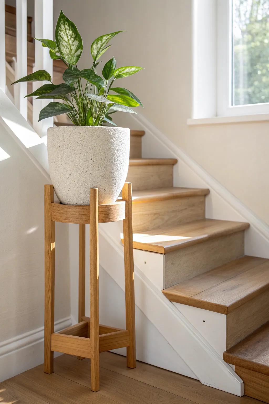 A slim oak plant stand adds greenery to the stairway without stealing precious entry space.