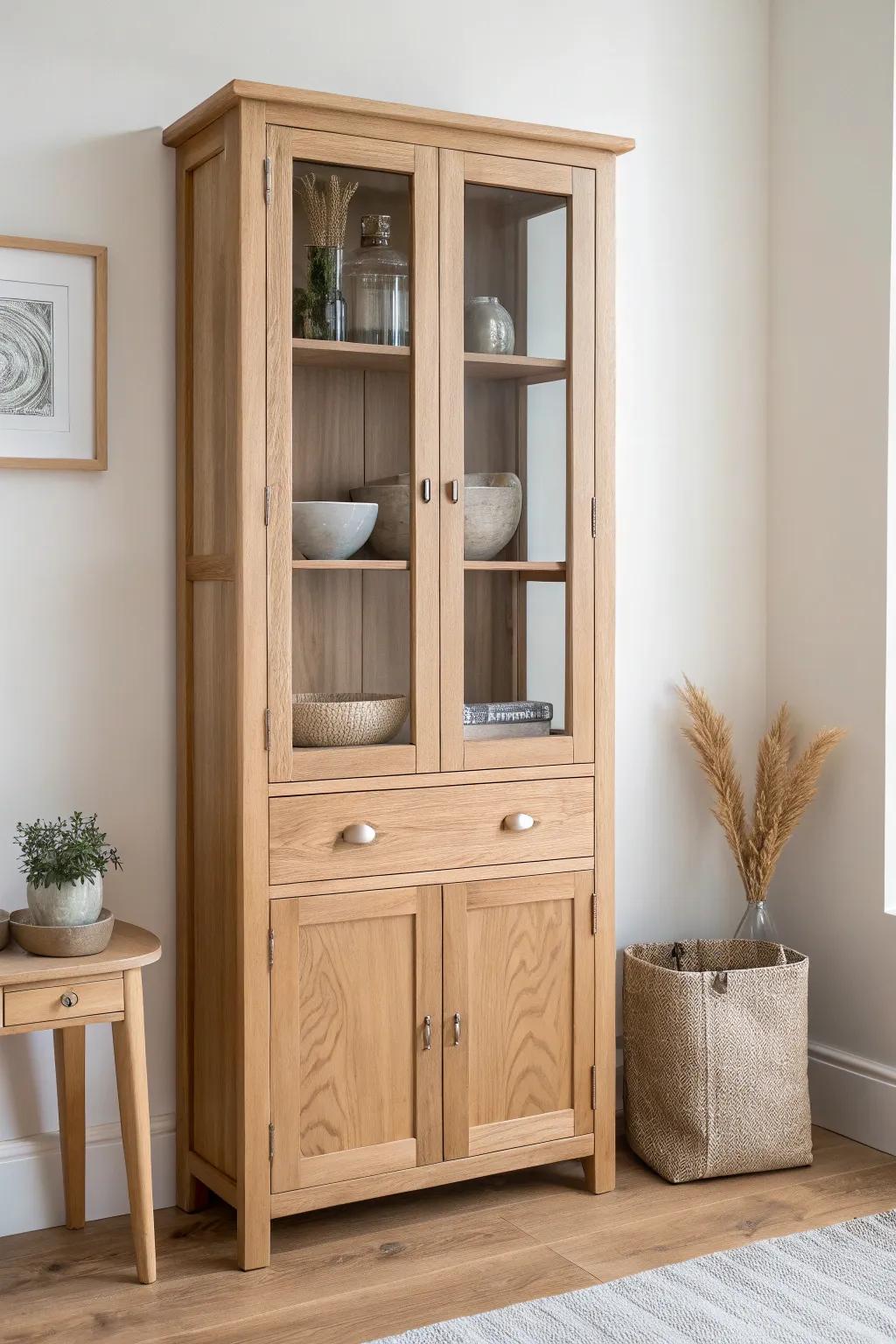 Glass-front uppers for curated display, closed lowers to tuck away hallway clutter in style.