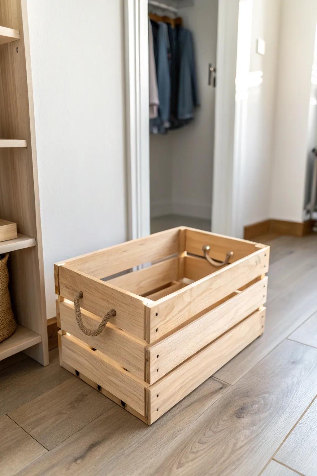 Pull-out birch crate on smooth runners—pantry-style access for deep hallway closets.