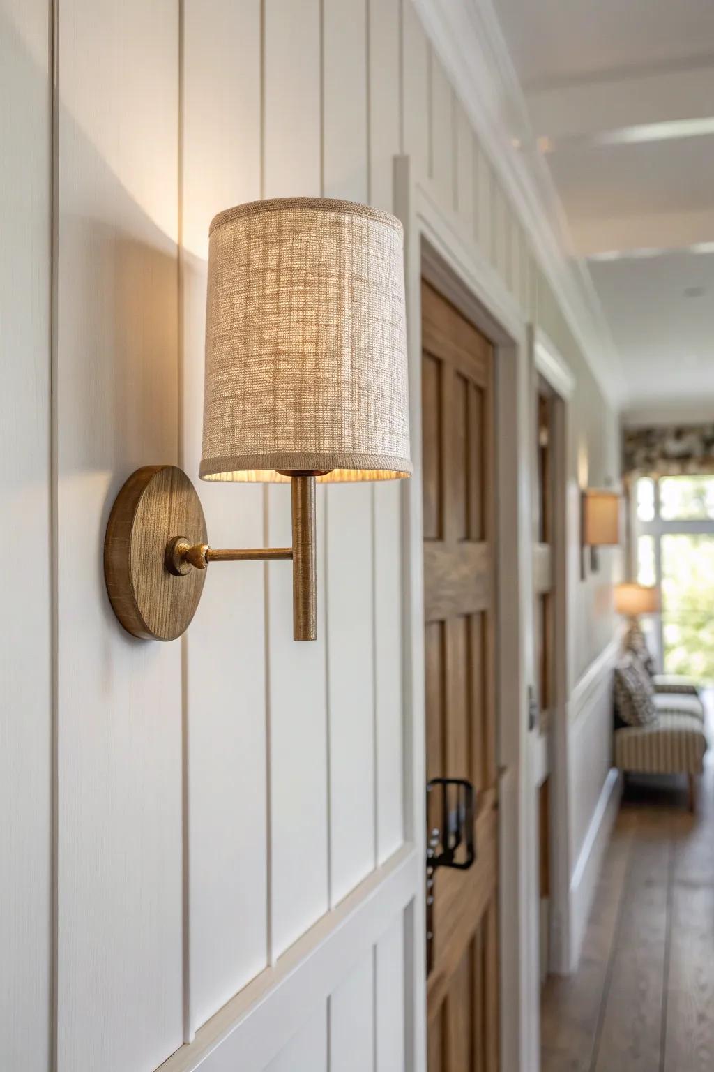 Warm oak-and-brass wall sconce layering soft light to make a hallway feel instantly welcoming.