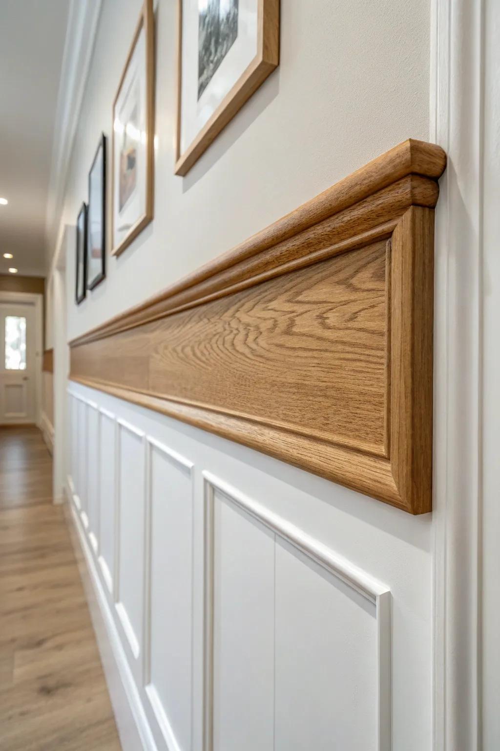 A slim oak picture rail adds a crisp line above wainscoting—perfect for tidy frame alignment.