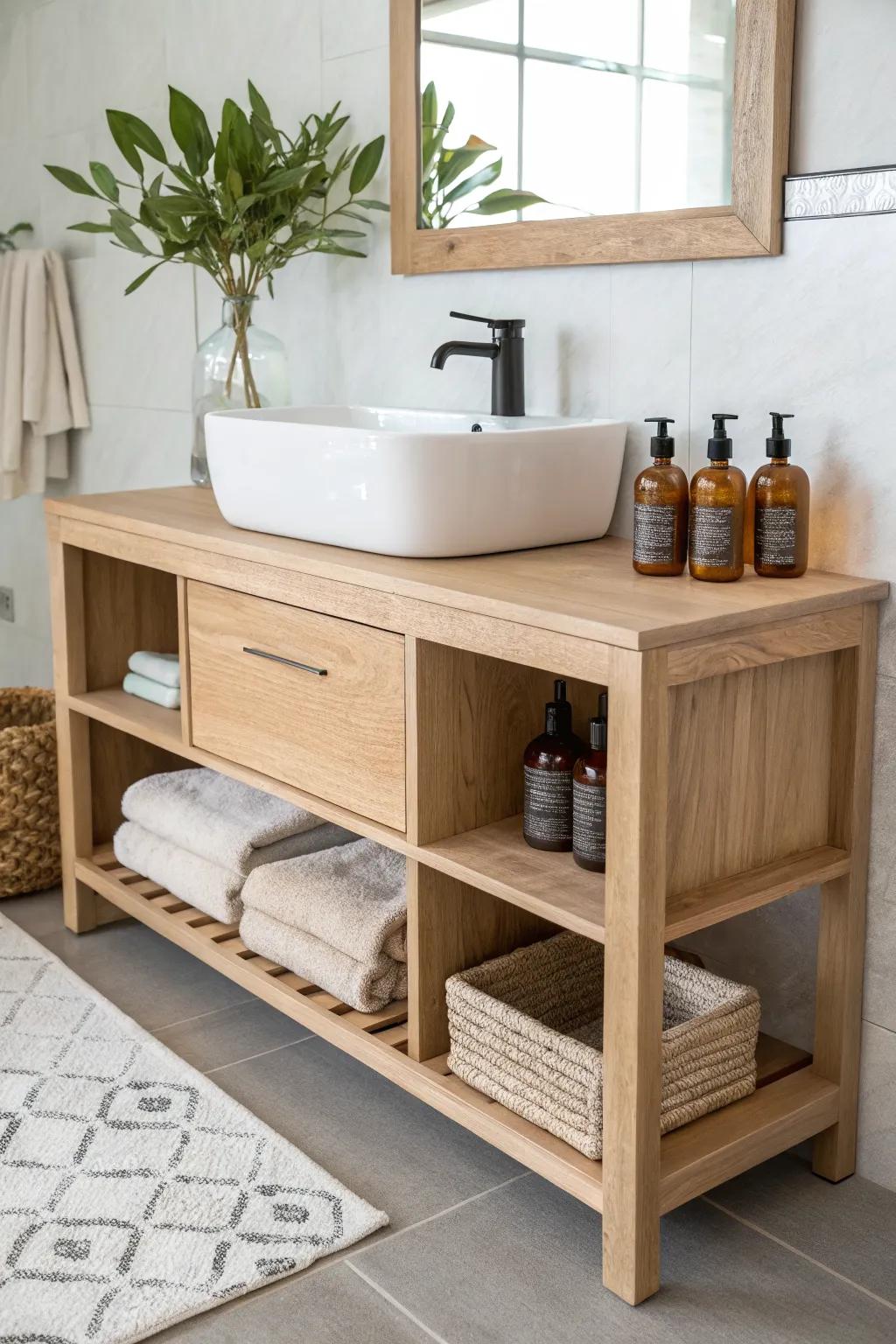 Open cubby shelves at seated reach—pretty oak storage for towels and everyday skincare.