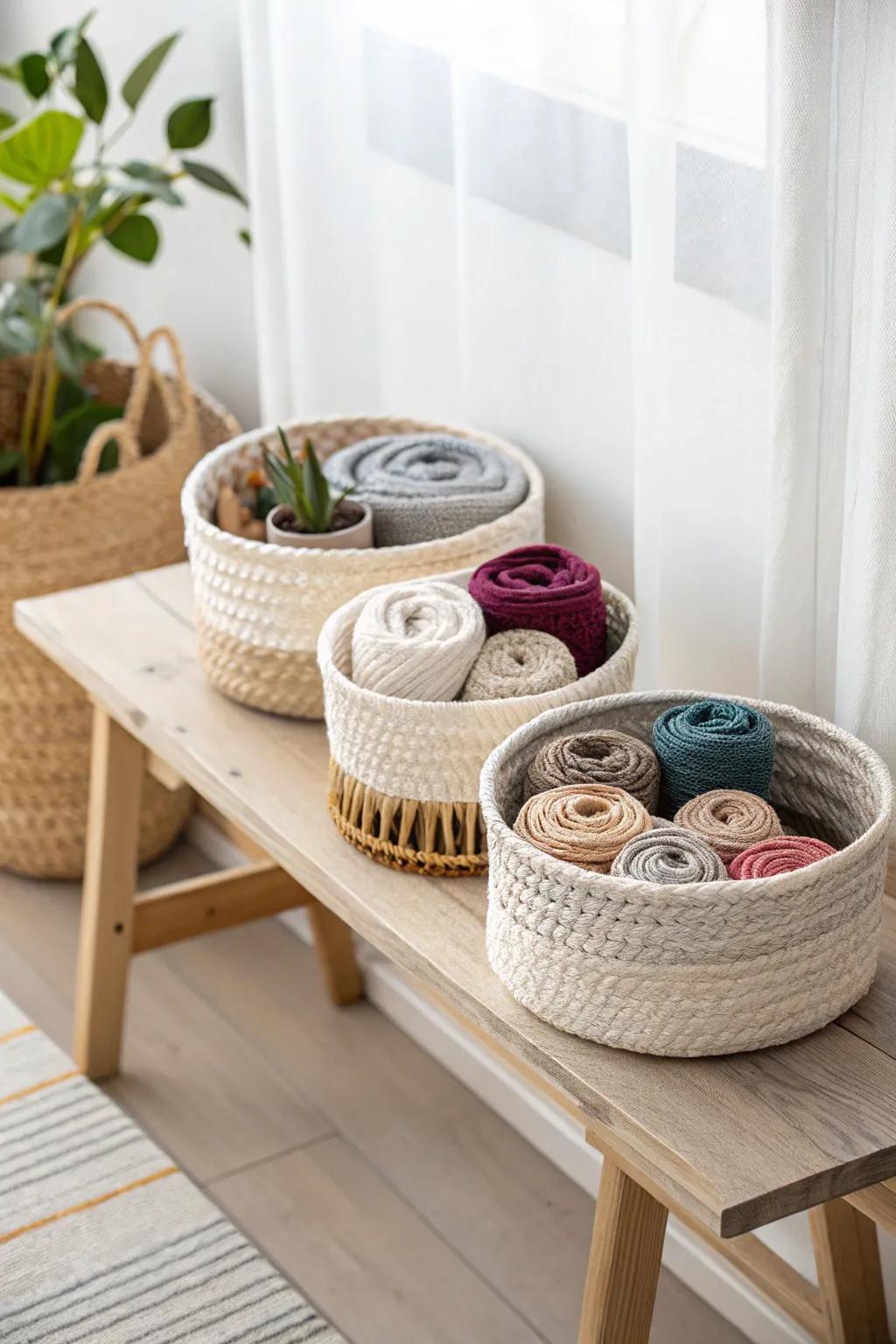 Elevate your storage game with a touch of rustic elegance—headbands beautifully displayed in handcrafted baskets.