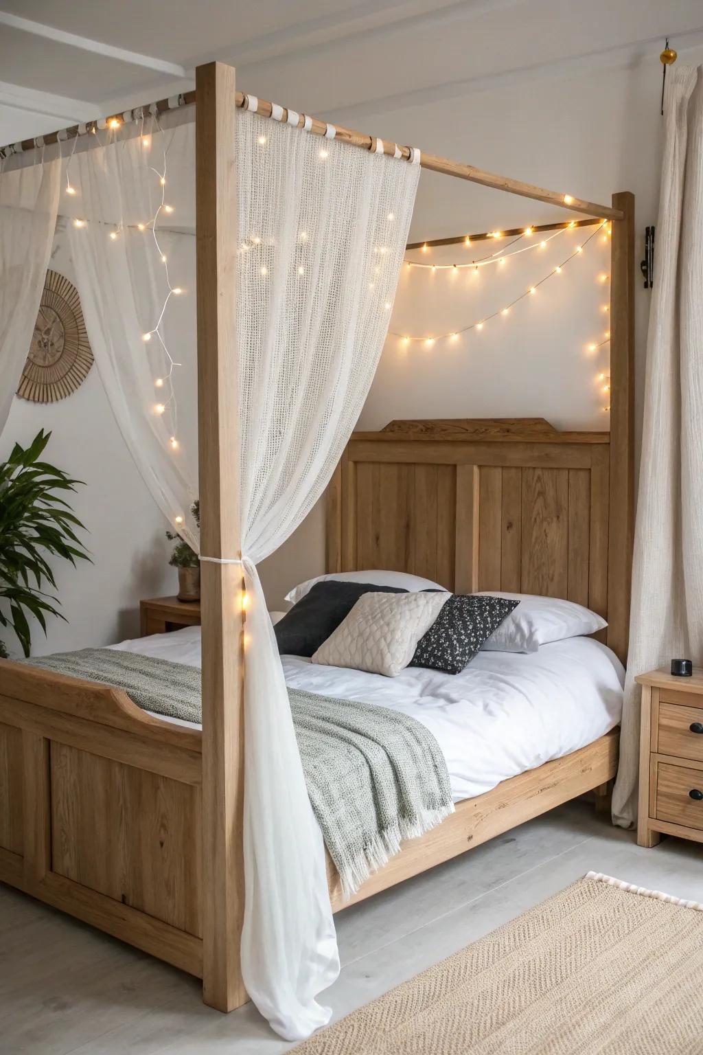 Sheer canopy + warm string lights turn a simple wood headboard into a cozy retreat.