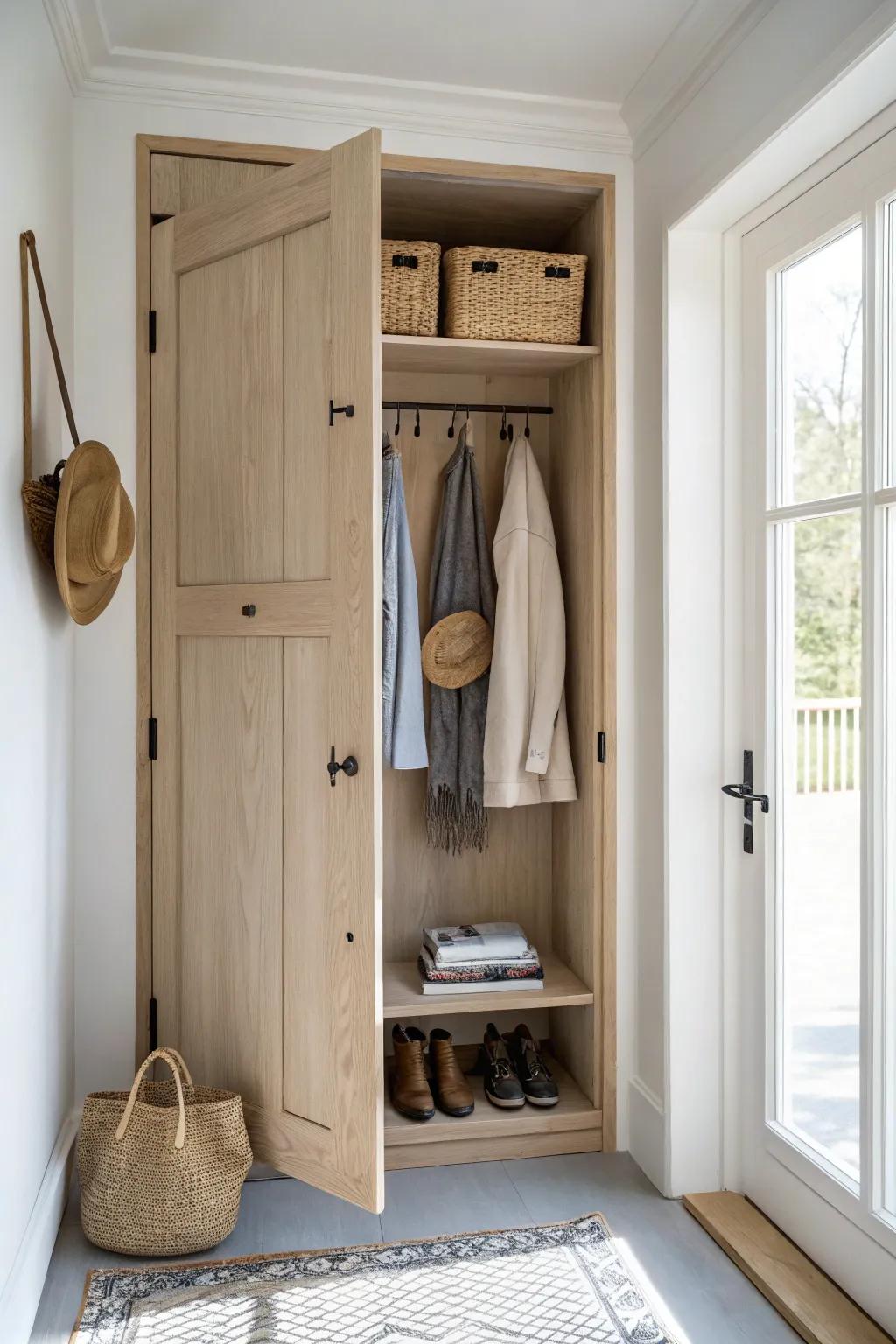 A hidden behind-the-door oak cabinet keeps coats, umbrellas, and dog-walk layers tidy.